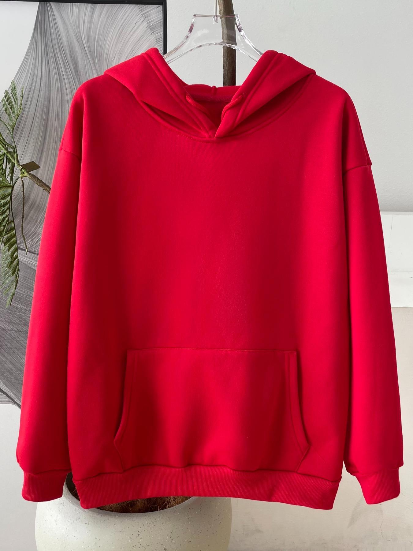 Women's Solid Color Drawstring Pocket Hoodie, Casual Minimalist Loose Basic Knit Long Sleeve Hooded Sweatshirt for Fall & Winter, Women's Clothes for Daily Wear, Womenswear