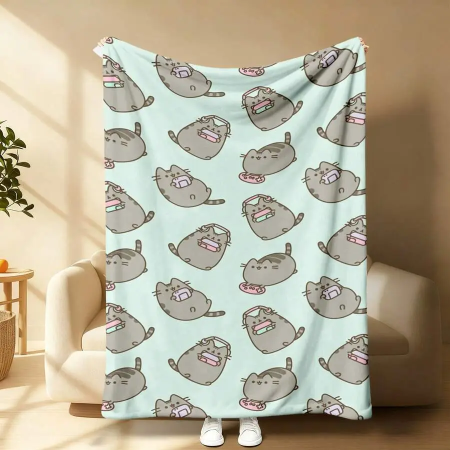 Headphone Game Console Pusheen Cat Repeat Print Flannel Blanket Soft Warm Throw Plush Blanket Kawaii Chubby Kitty Gamer Decor Bedroom Couch Nap Blanket Giftable Cute Cartoon Cat Print Blanket For Room Party Day Gift Popular Home Blanket