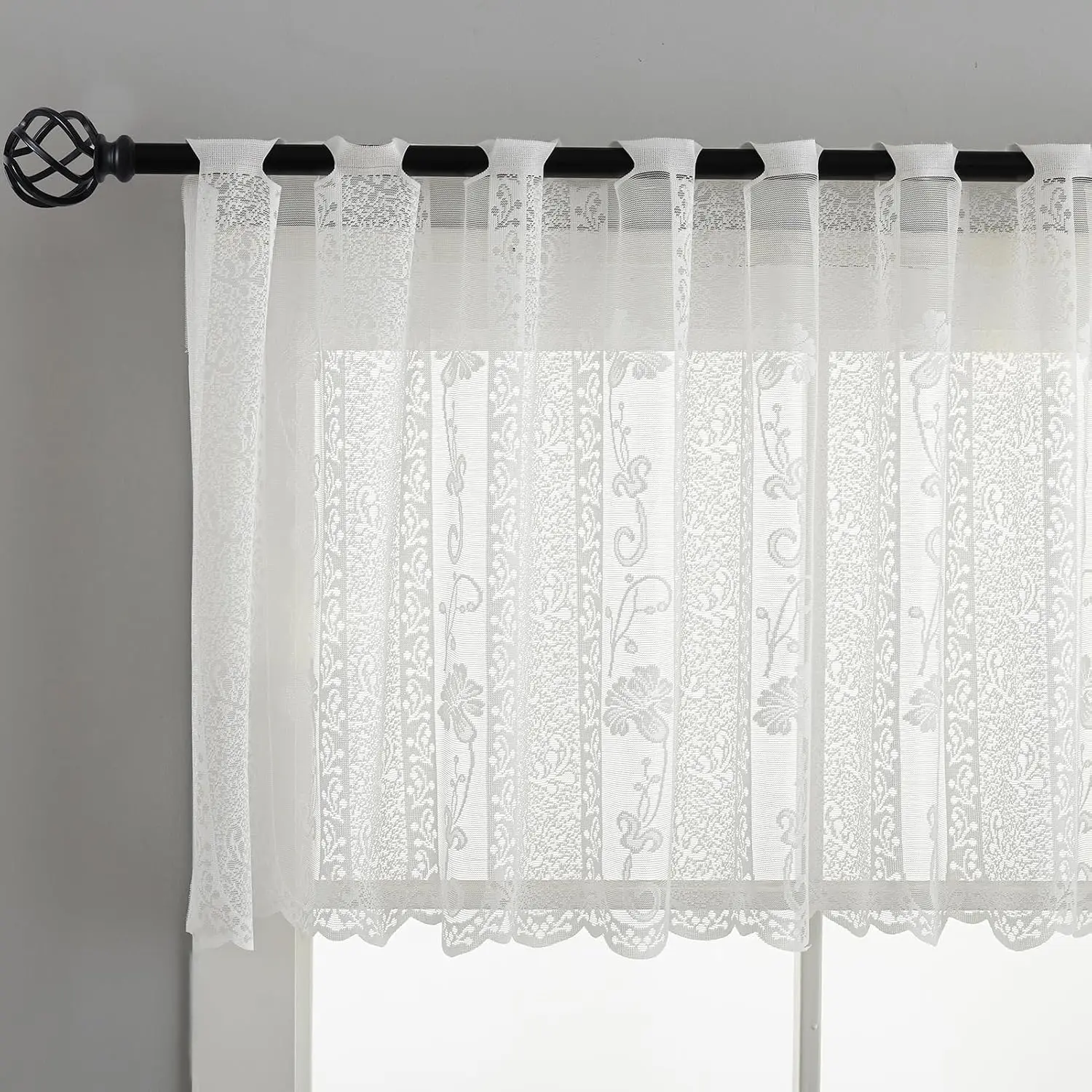 Lace Valance Curtain W66 x L22 Inch - 1 Panel Vertical Striped Floral Scalloped Bottom Sheer for Windows  - Punched Holes Short Kitchen Window Curtain over Sink