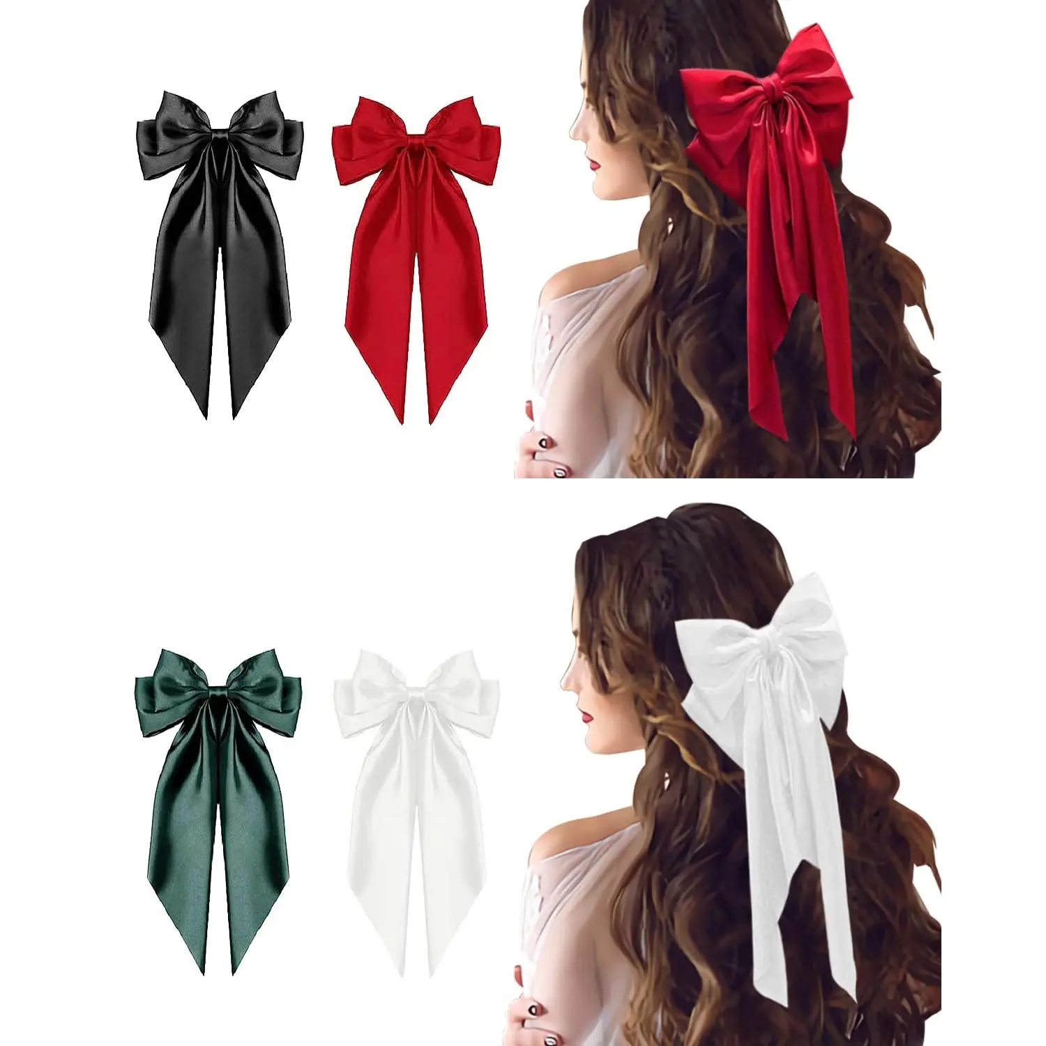4 count Hair Bows for Women Silky Satin Hair Barrettes Clip Ribbon Bow Hair Clips with Long Tails Large Bow Hair Slides Metal Clips Hair Accessories
