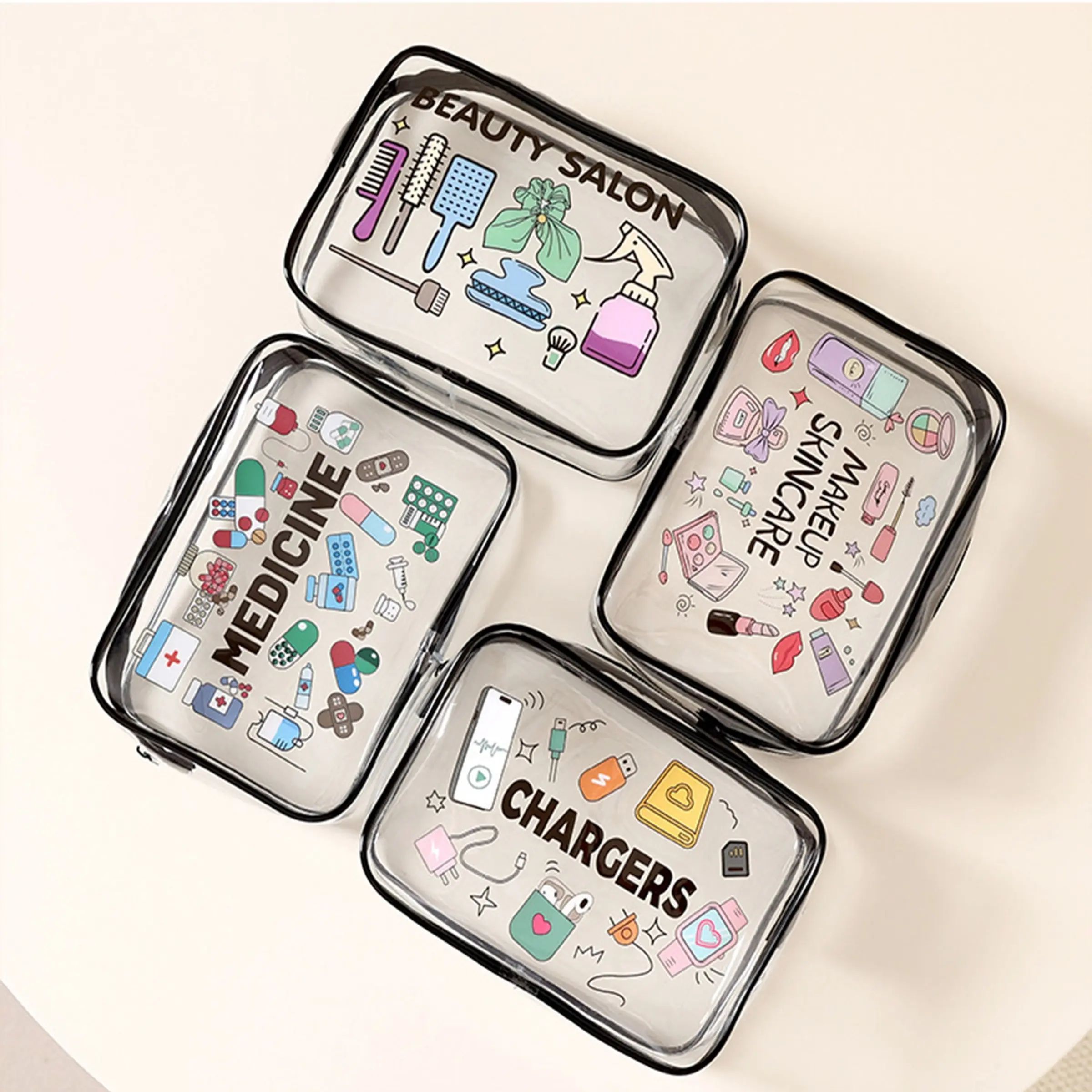 4-Piece Set Medicine Bag, Makeup Bag, Electronics Bag, Wash Kit, PVC Waterproof Storage Bag, Travel Makeup Organizer, Cosmetic Bags