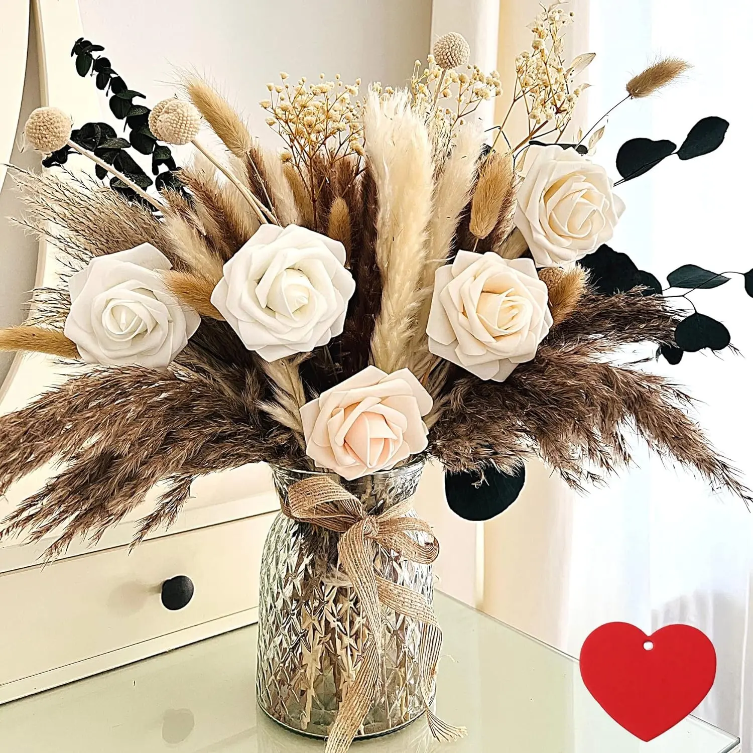100pcs Artificial Eucalyptus Bouquet with Glass Vase - Farmhouse Dining Table Centerpiece, Indoor Furniture Decor, Gift for Coffee Table Styling, Kitchen
