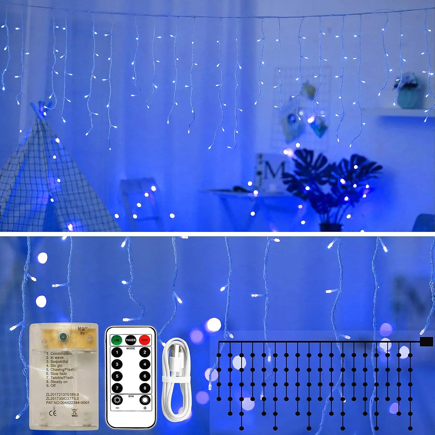 Icicle Lights 90 LED 10 ft Short Curtain Lights with 8 Modes Remote Control,Powerd by USB &  -  Fairy String Lights for Indoor & Outdoor,Holiday,Party,Window Decoration(Blue)