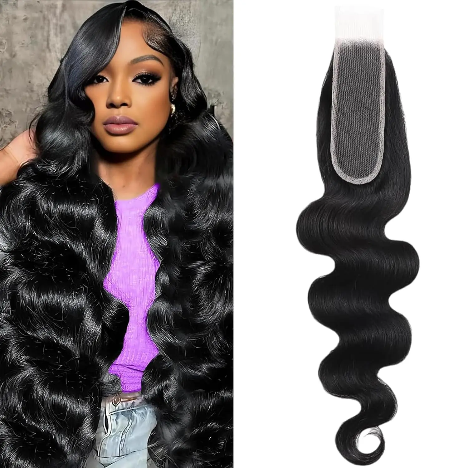 2x6 16 inch  Lace Closure Human Hair -like 0.1mm thin frontal  Virgin Hair pre plucked  Black  Wave