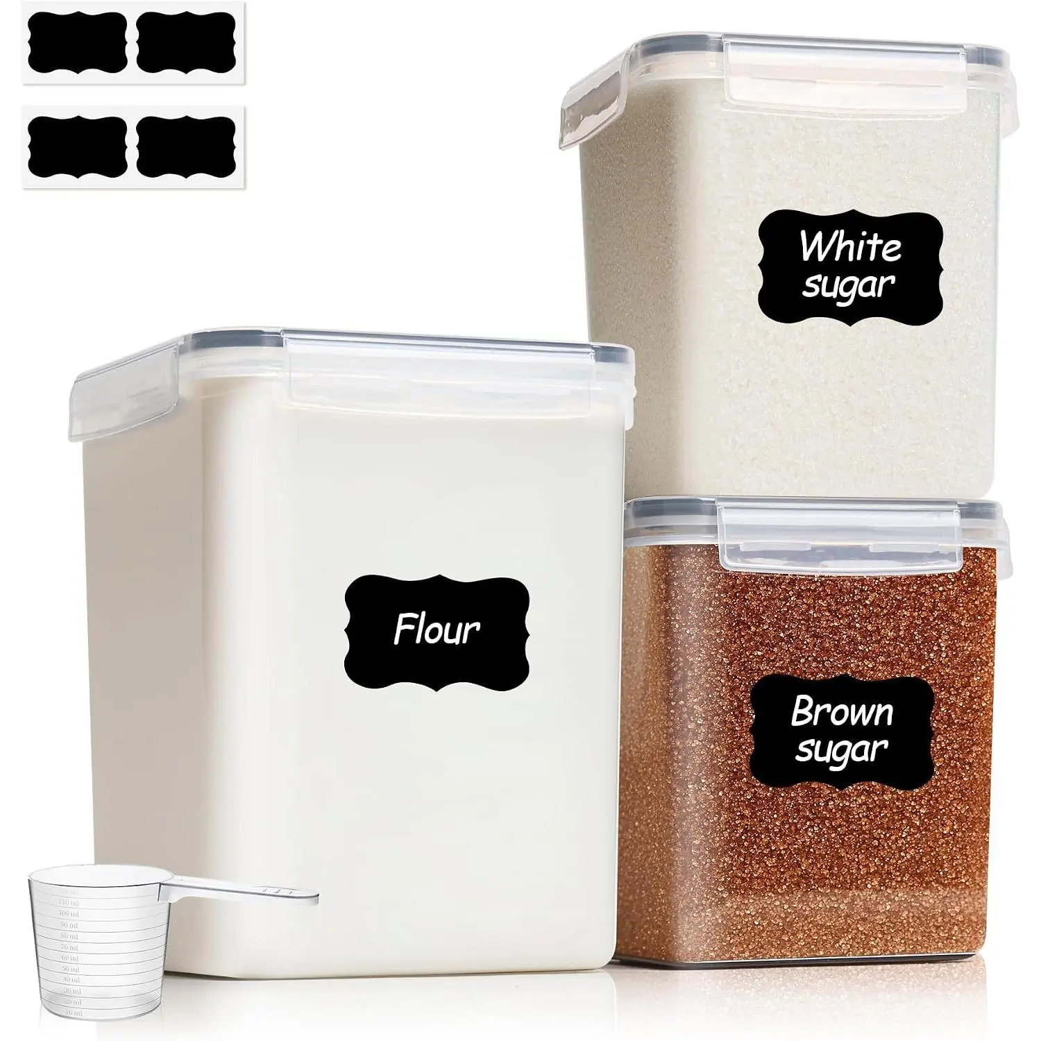 3 PCS Airtight Flour and Sugar Container for Pantry - 5lb Flour Capacity - 7.1 Inch Extra Wide Mouth Square Pantry Storage - Set of 3 (5.2L/5.5Qt) (2.5L/2.6Qt*2) - Stackable Baking Supplies Organizer