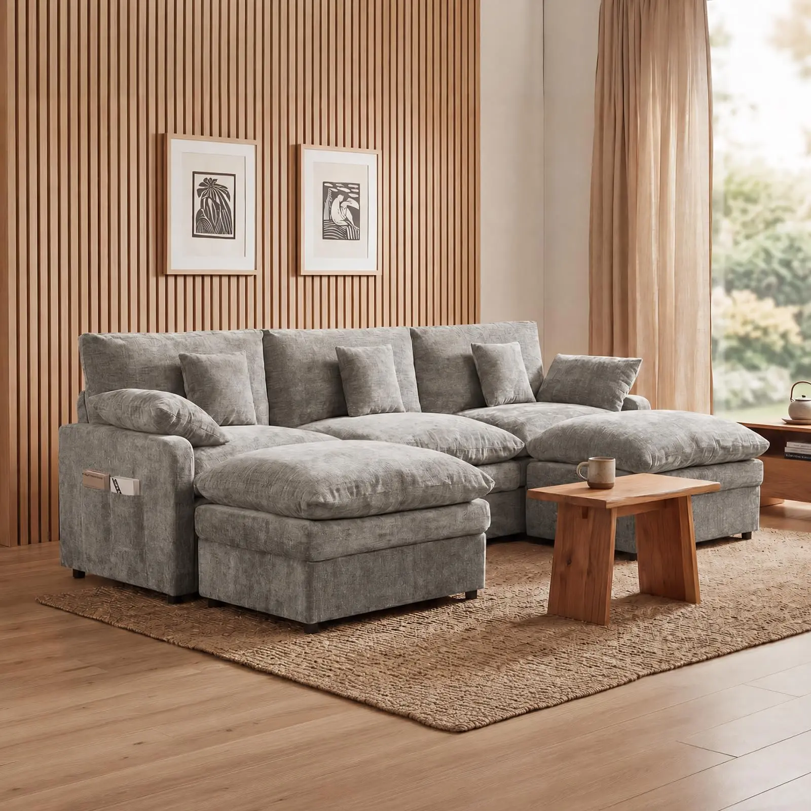 107.8" U-Shaped Modular Sectional Sofa, Chenille Cloud Couch with Movable Ottoman & Comfy Throw Pillows for Living Room, Bedroom, Apartment
