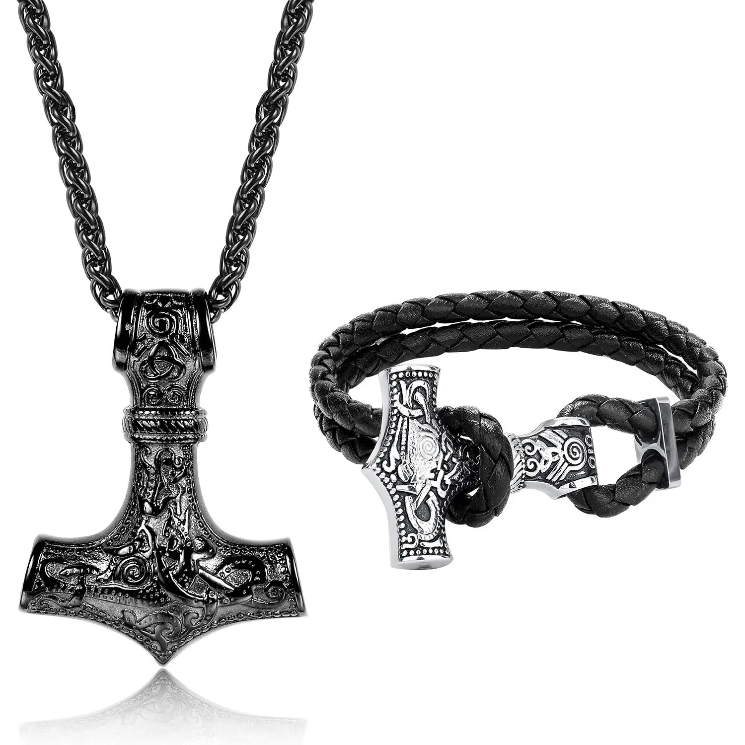 2 Piece Men's Viking Pirate Necklace Bracelet Set for Men Boys, Thor's Hammer Mjolnir Stainless Steel Necklace, Leather Cuff Bracelet & Braided Rope, Punk Gothic Viking Jewelry, Pirate Gift for Men