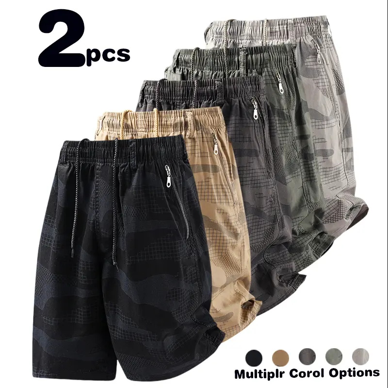 Men's camouflage five quarter shorts summer loose straight tube elastic waist zipper pocket workwear casual shorts