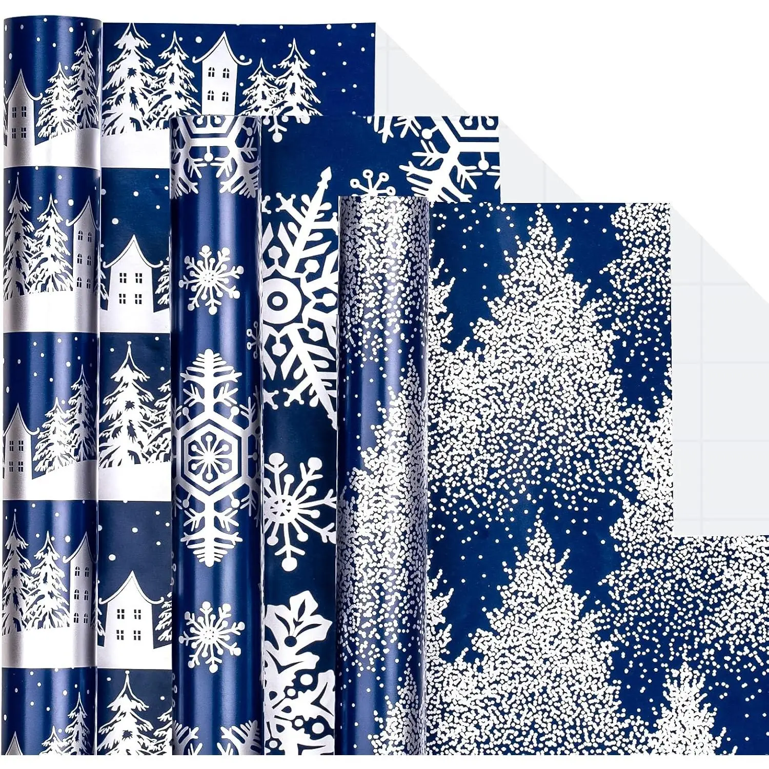 Modern Navy Metallic Foil Christmas Wrapping Paper Min Rolls - 3 Rolls, 17x120in, Snowy Woodland Scenes-House-Snowflake-Tree, Office Stationery Arts Craft Supply, for Winter Party Gifts