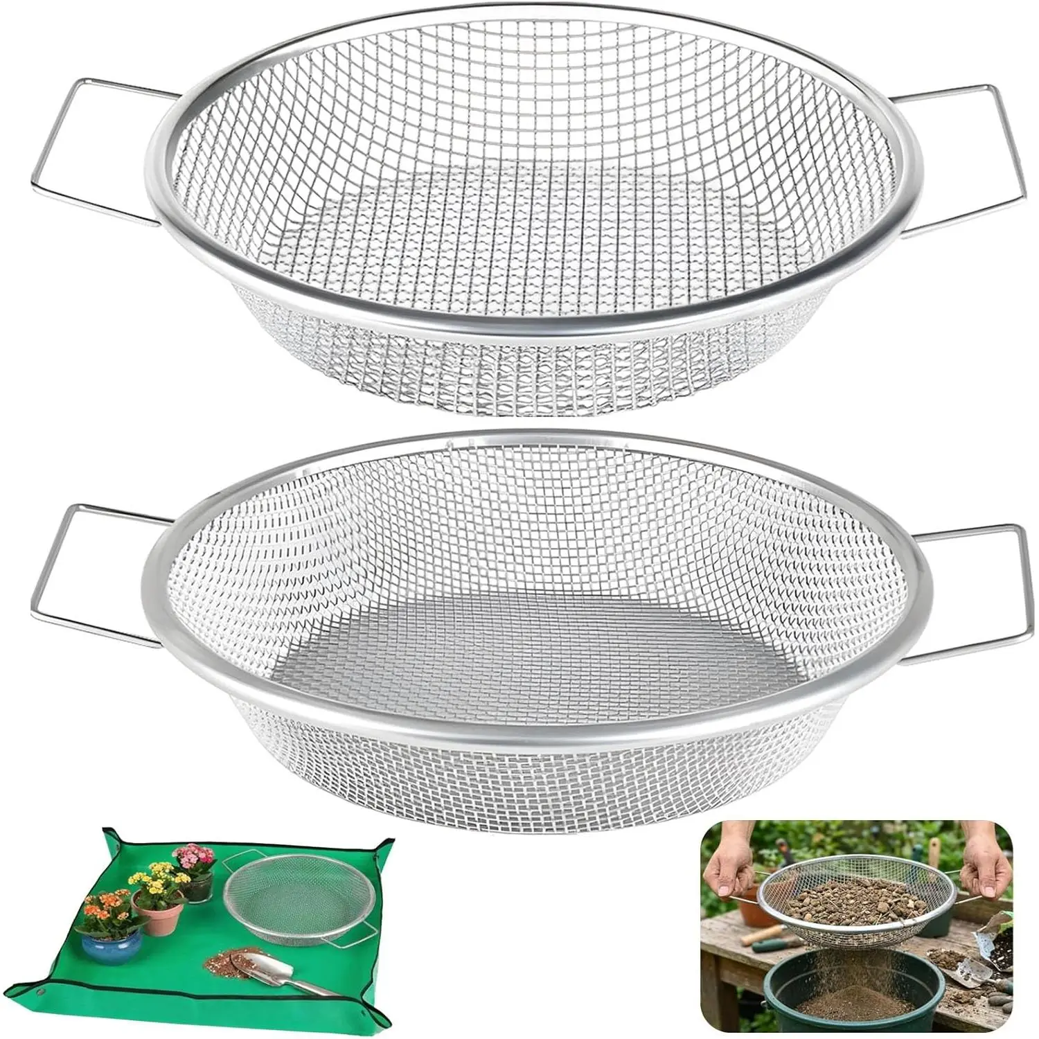 2PCS Soil Sifter for Gardening with Handle,Stainless Steel Rock Compost Soil Sifter for 5 Gallon Bucket,1/4in,1/8in Mesh Garden Sifting Screen Gravel Sawdust