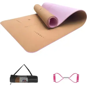 Numat Cork Yoga Mat 6mm (1/4 inch) Thick 72 x 24 in, Sweatproof NonSlip , Lightweight TPE  with Alignment Lines,  for Hot Yoga, Pilates, Gym and Exercise, Black Carrying Bag w. Strap Included