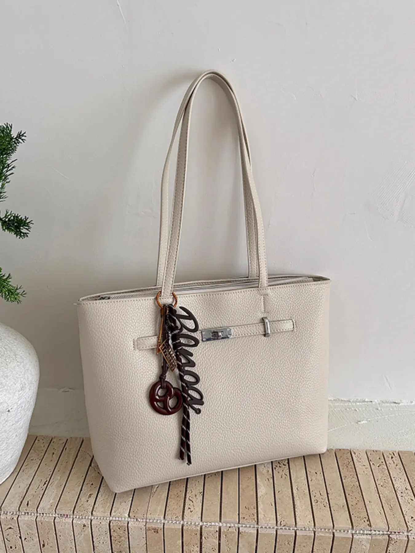 Litchi Texture PU Material Tote Bag, Large Capacity, Metal Buckle, Shoulder Handbag, Suitable for Office, School, Shopping, Daily Use