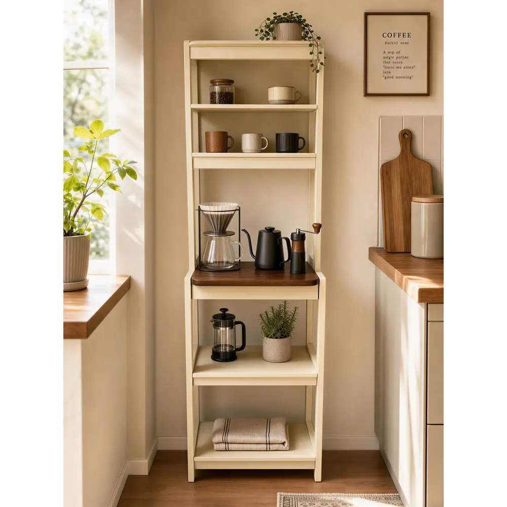5-Tier Sturdy Baker's Rack Kitchen Storage Rack, 23.62 Inches White & Rustic Brown Particle Board with Adjustable Shelf, Elegant Design Microwave Stand, Easy Maintenance & Setup Coffee Bar (Assembly Required)