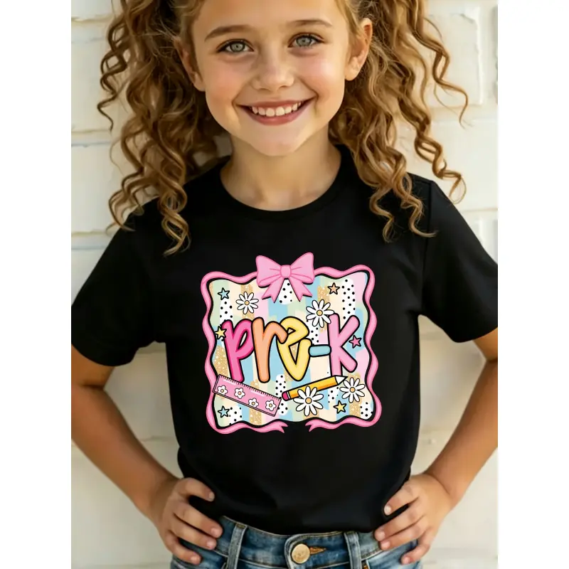 Back-to-school season YBY girls' pre-k colorful letter and bow print playful and sweet versatile T-shirt