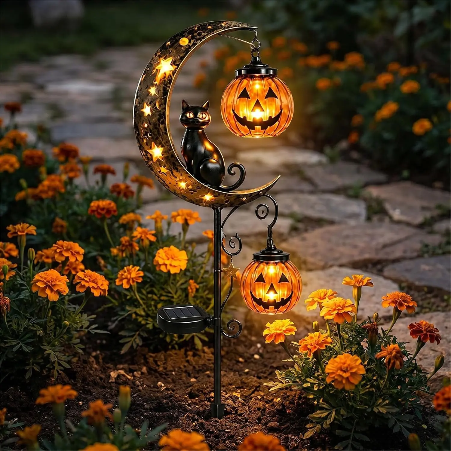 Solar Halloween Cat and Pumpkin Moon Garden Stake Light, Outdoor Waterproof LED Decor, Hanging Pumpkin Lamp for Garden, Patio, Walkway, Porch