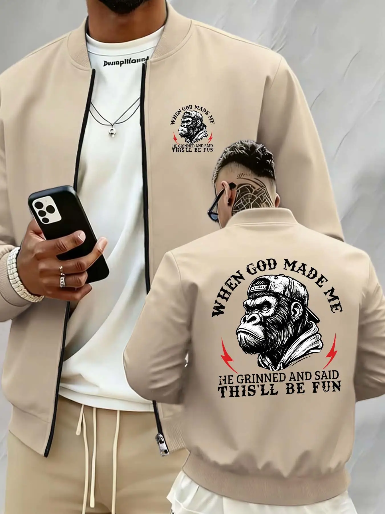 Men's Fall Winter Casual Stand Collar Jacket, Letter Gorilla Print, Business Style Outdoor Sports Coat, Zipper Design Men's Outerwear
