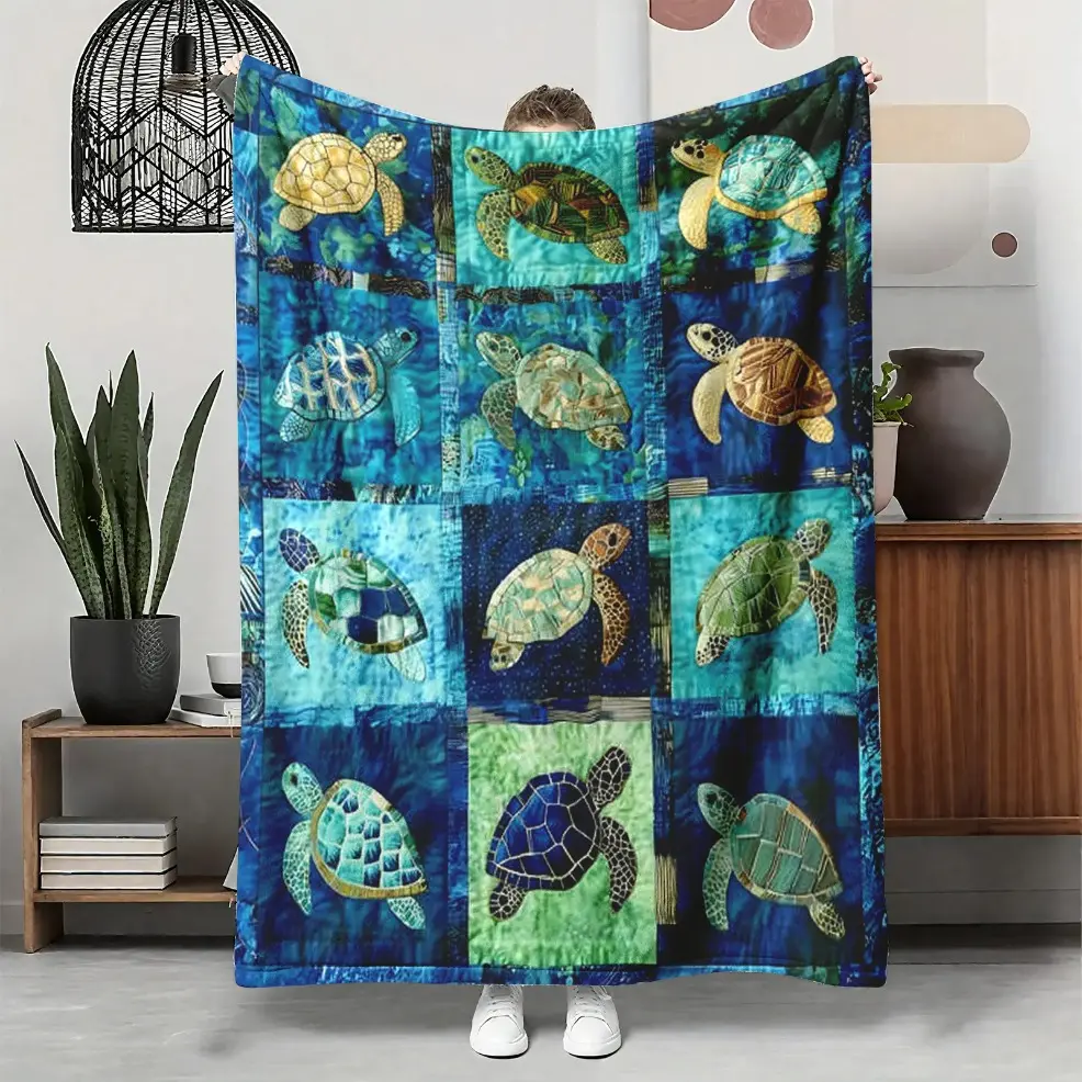 Sea Turtle Flannel Throw Blanket, Ocean Mosaic Patchwork Soft Cover, Baby Blankets and Adult Blankets, Cozy Warm Nautical Gift for Her Him, Coastal Home Decor for Couch Sofa Bed, Summer AC Nap Blanket, Perfect Birthday Holiday Gift for Ocean & Beach Lover