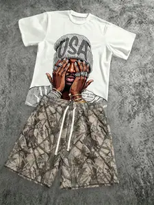 American Street Style Hip Hop Portrait Print Round Neck Short Sleeve T-Shirt, Camouflage Drawstring Shorts, Breathable Cotton, Loose Fit