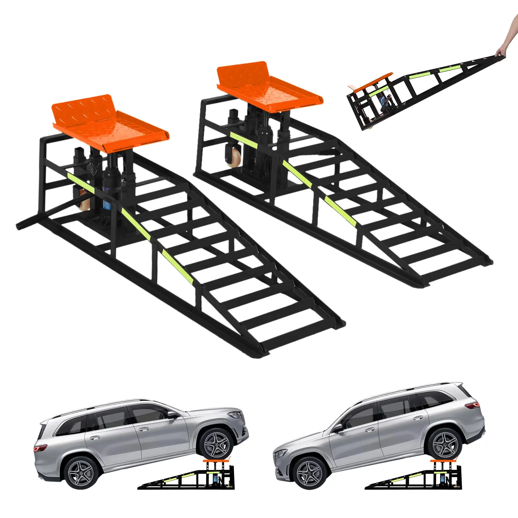 Garvee 2-Pack Hydraulic Car Ramps with Rolling Wheels, 5 Ton (12,000 LBS) Heavy-Duty Steel Drive-On Lifting Ramps, 9.8–15 Inch Adjustable Lift Height, Equipped with Reflective Safety Strips for Sedans, SUVs and Light Trucks