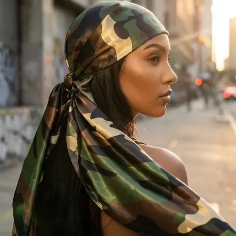 Aesthetic Camouflage Satin Scarf, Vintage Silk Camo Bandana for Women Men, Trendy Headscarf Durag, Scarf for Hair, Multi-Use Scarf Top, Street Style, Vintage Print Headscarves