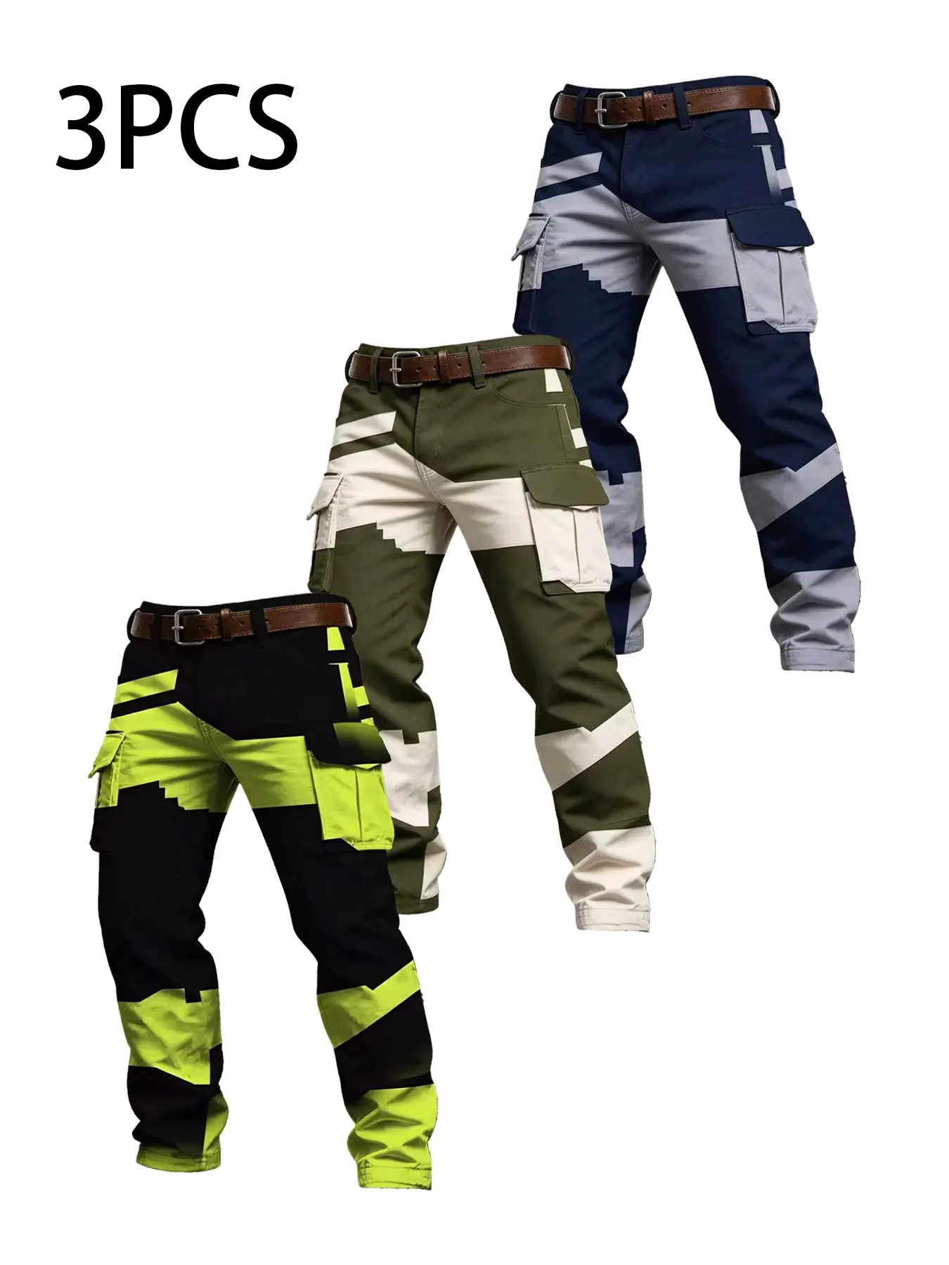 3pcs Geometric Colorblock Work Pants, Multi-Pocket Functional Design, Durable Sturdy Fabric, Outdoor Camping, Casual Streetwear Long Pants