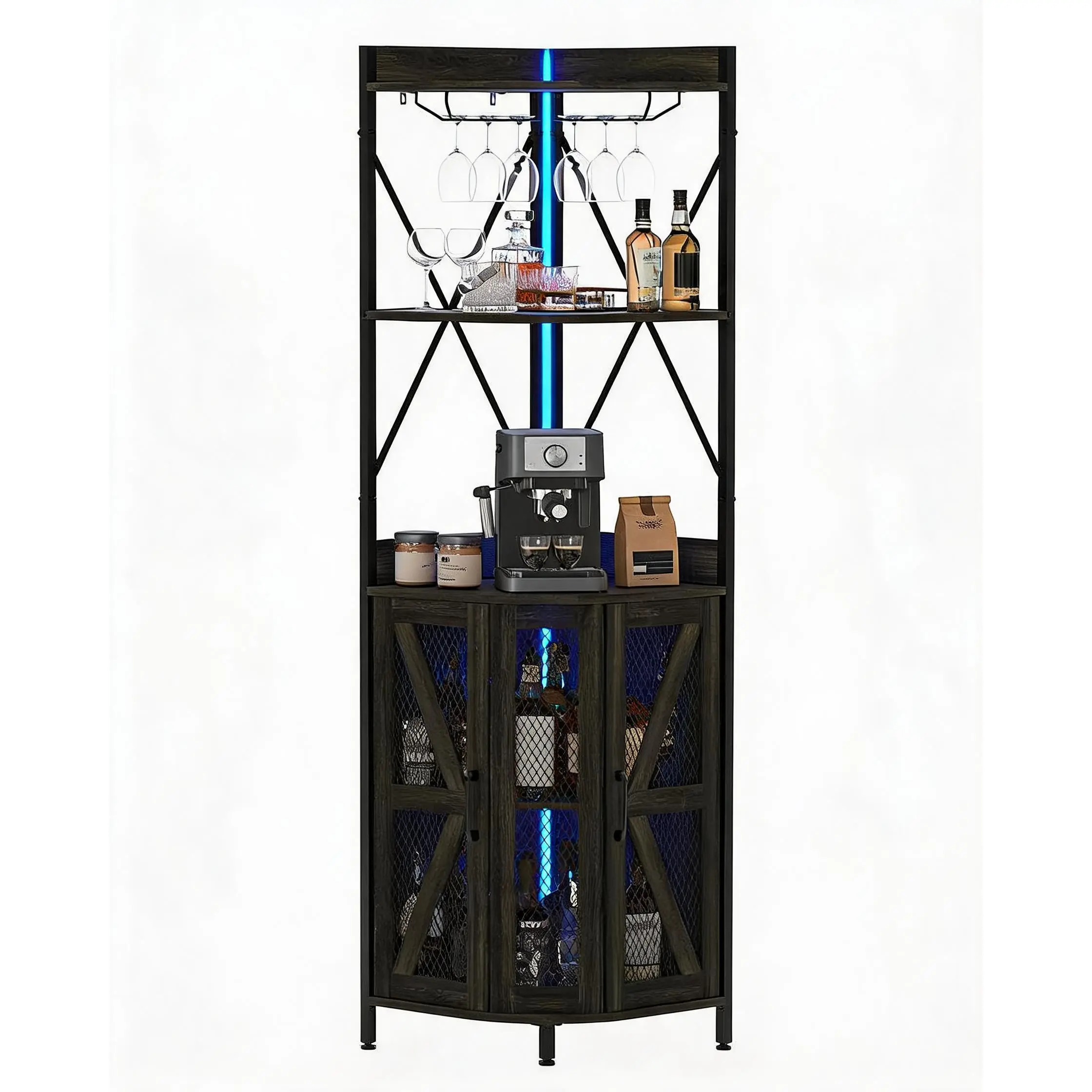 Modern MDF+Metal Industrial Multi-Tier Rectangular Corner Rack Bar Cabinet with LED Lights, Built-in Power Outlet, Glass Holder, Metal Mesh Door, Adjustable Shelves (for Wine & Liquor Storage)