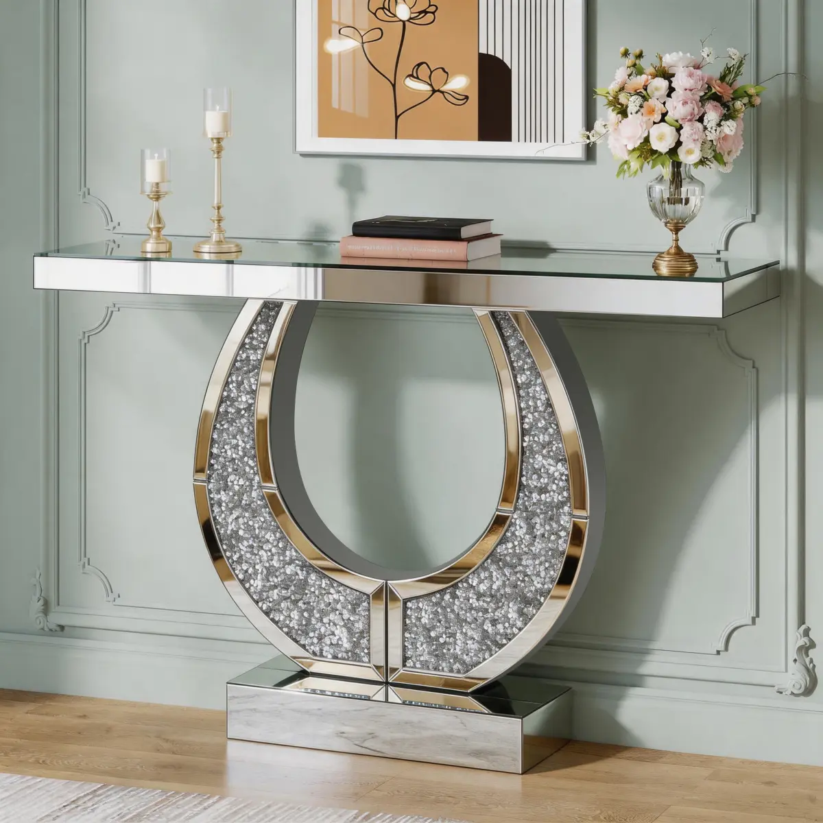 45 Inch Mirrored Console Table with Crushed Diamond Inlaid in Mirror Groove, Entryway Sofa Table, O-Shaped Glam Sofa Behind Table, Modern Silver Glass Entryway Table for Hallway Living Room Luxury Decor Console Desk