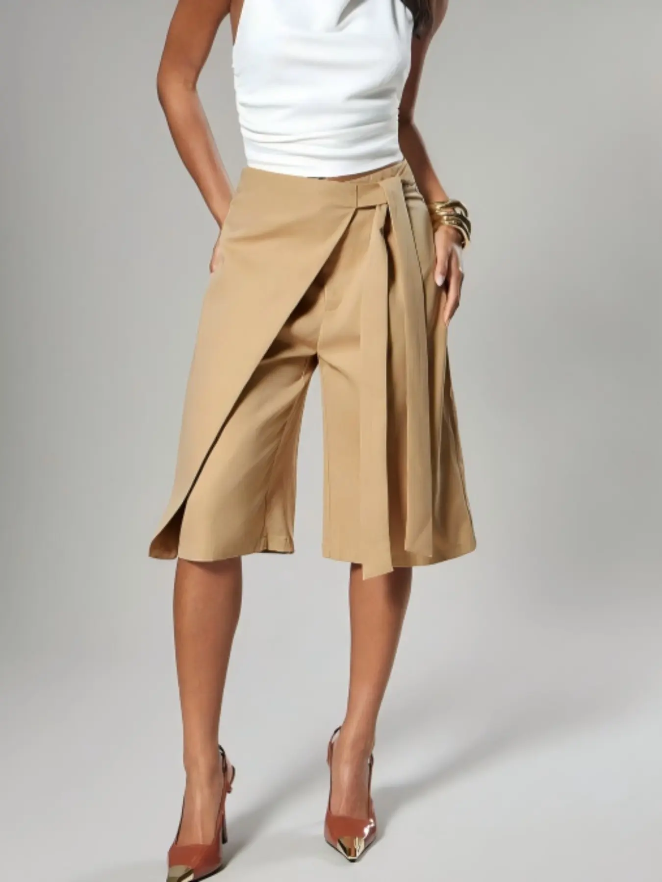 Women's Aesthetic Casual Everyday Bermuda Shorts, Solid Color Fitted Five-Quarter Pants, Tie Detail Design, Spring Summer Autumn Commuter Wear