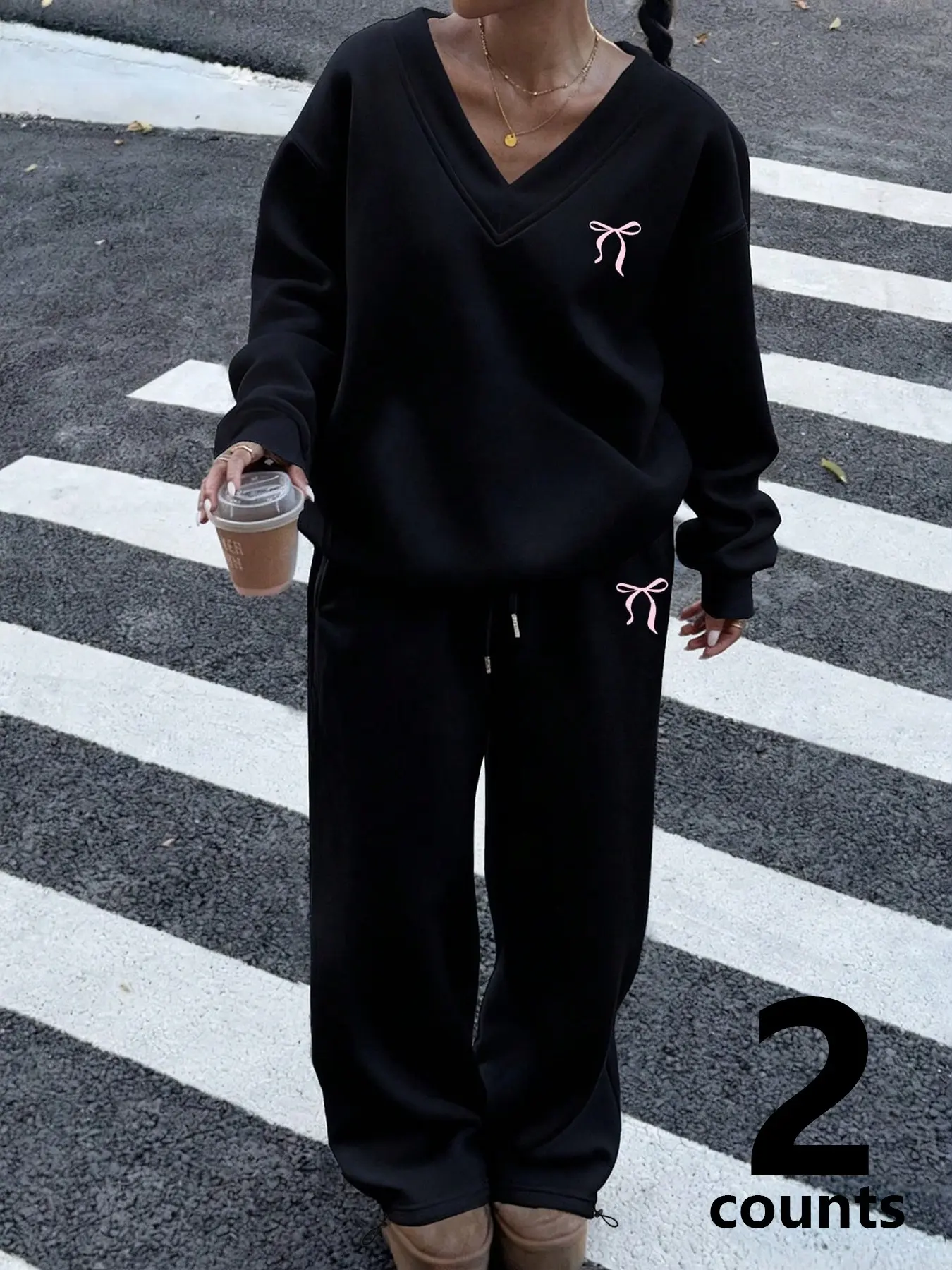 2Pcs Set Women Outfit, V Neck Oversized Sweatshirt + Drawstring Wide Leg Pants, Pink Bow Print Coquette Tracksuit For Daily Street Style Fleece‑Lined