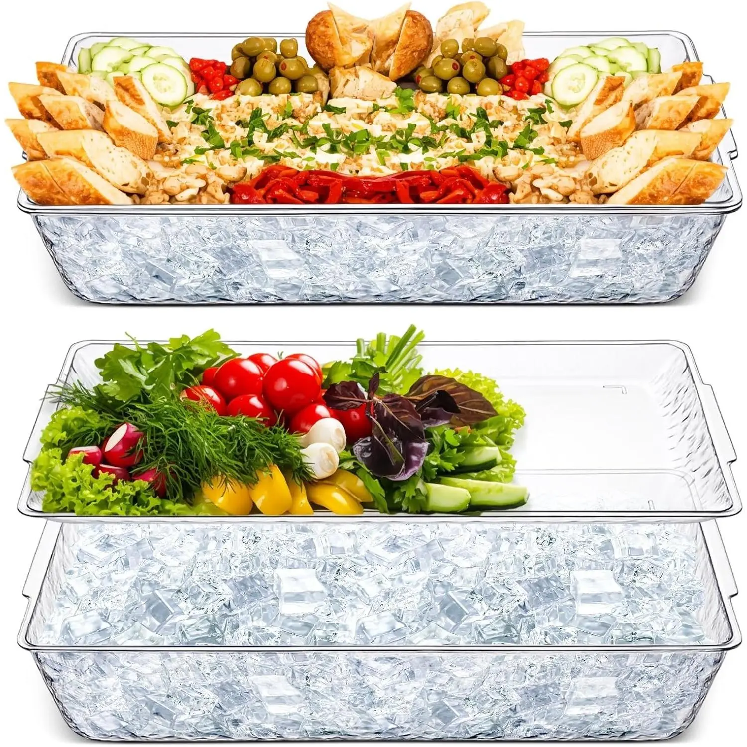 Baderke 2 Pack 16" x 9" Clear Plastic Ice Chilled Serving Trays with Compartments, Party Charcuterie Platters for Cold Dishes, Fruit, Seafood, Vegetables, Dips, Appetizers
