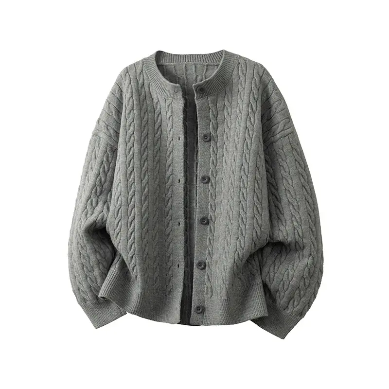 Men's Cable Twist Cardigan - Menswear Tops, Casual Classic Long-Sleeve Crew Neck Button-Up Ribbed Knitwear, Soft Thick Acrylic Blend, Loose Relaxed Cut, Elegant Hem Clothes