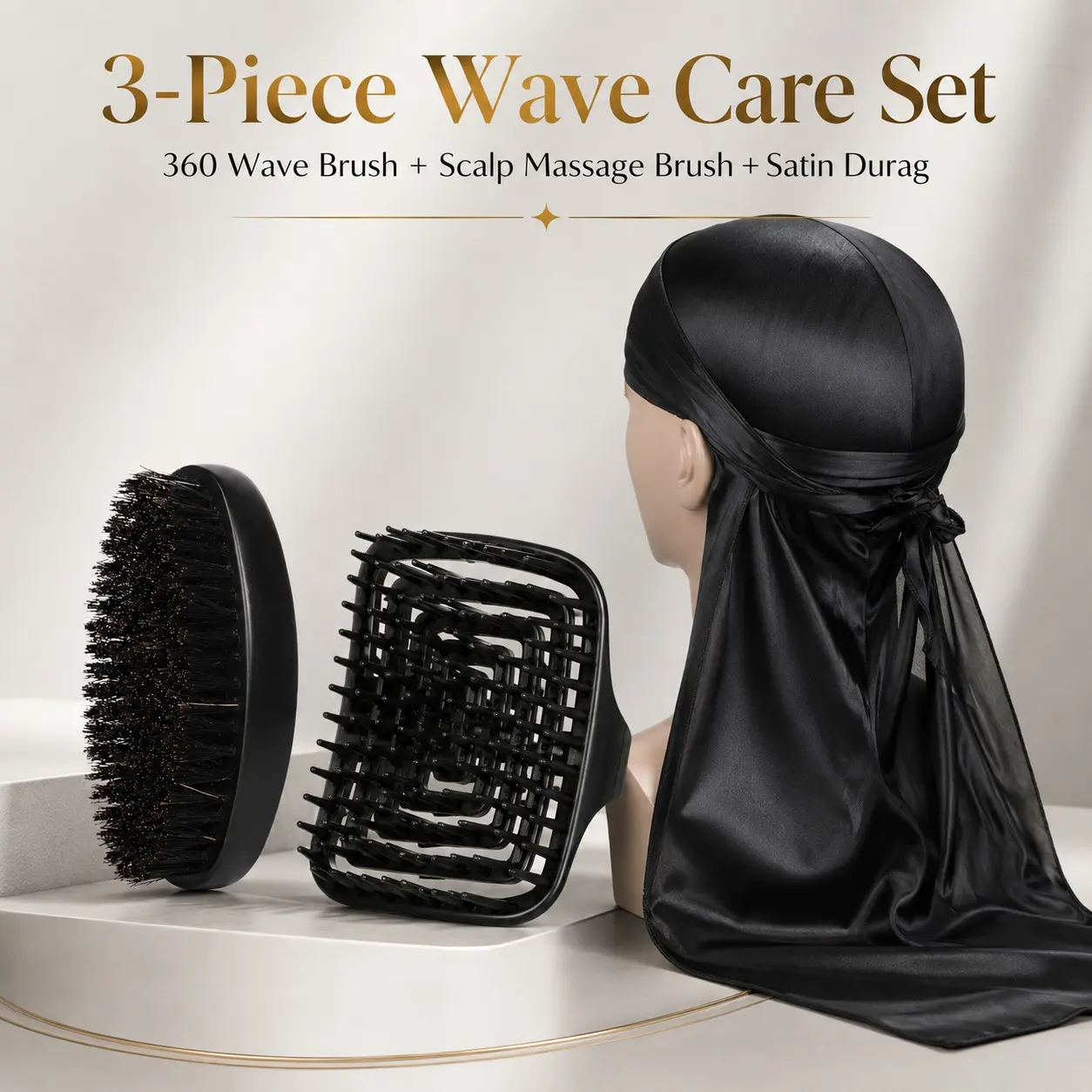 3-Piece 360 Hair Wave Care Kit Set for Men – Medium Bristle Wave Brush, Scalp Massage Brush & Durag for Wave Training, Styling and Overnight Protection