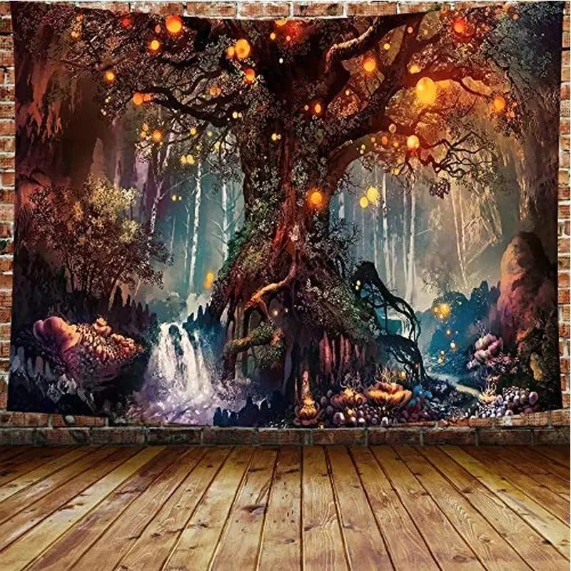 Forest Life Tree Wall Hanging Tapestry, Fantasy Plant & Magical Castle Design, Lightweight Synthetic Wrinkle-Resistant Home Decor, Photo Backdrop for Festive Parties, Bed Sheet Alternative, Anniversary