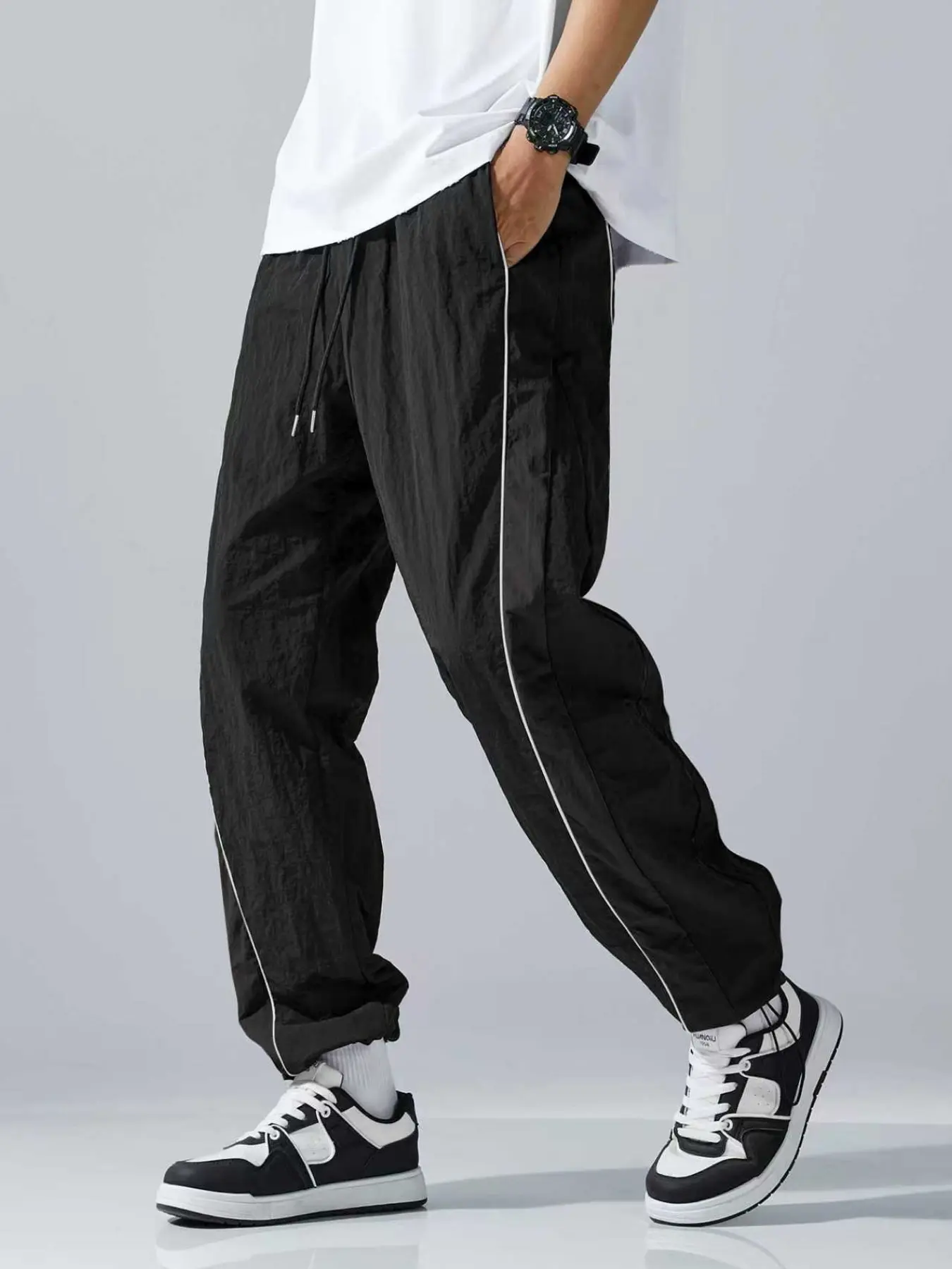 Y2 Men's Casual Long Pants, Colorblock Design, Adjustable Drawstring Waist, Loose-Fitting Harlan Trousers, All Seasons Wear