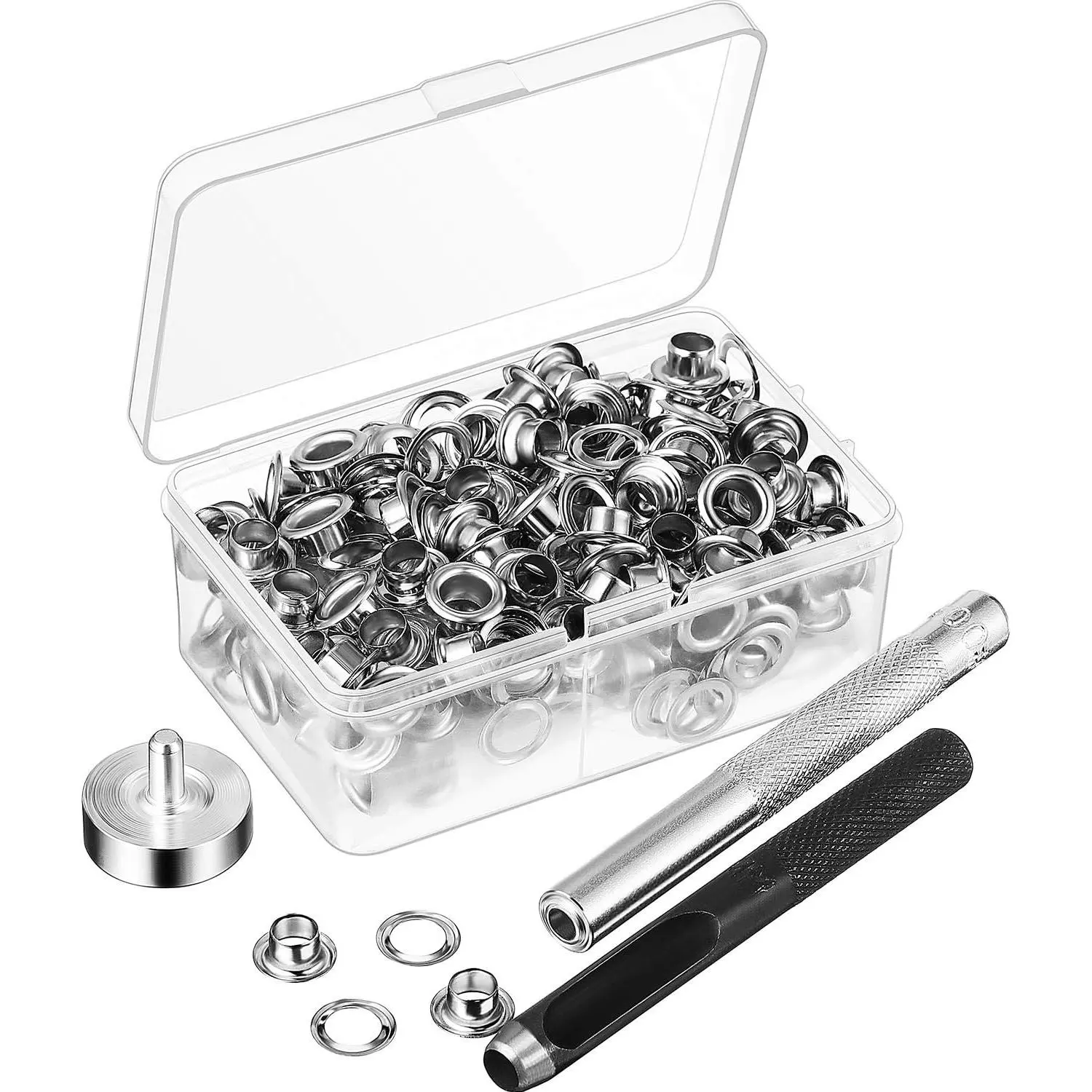 100 Sets Grommet Eyelets Tool Kit, Grommet Setting Tools and Eyelets with Setting Tool and Storage Box for Fabric, Tarps, Curtains (1/4 Inch,)