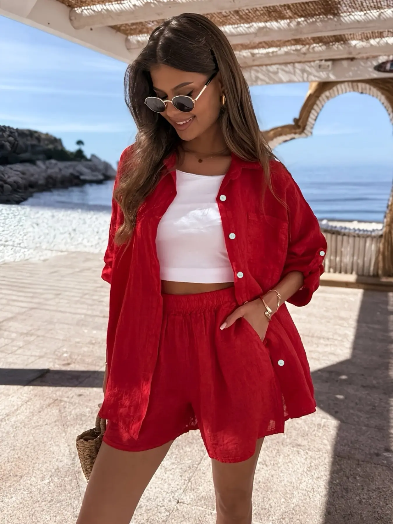 Women's Summer Casual Two-Piece Set, Loose Button-Down Shirt + High-Waisted Shorts, Breathable Beach Vacation
