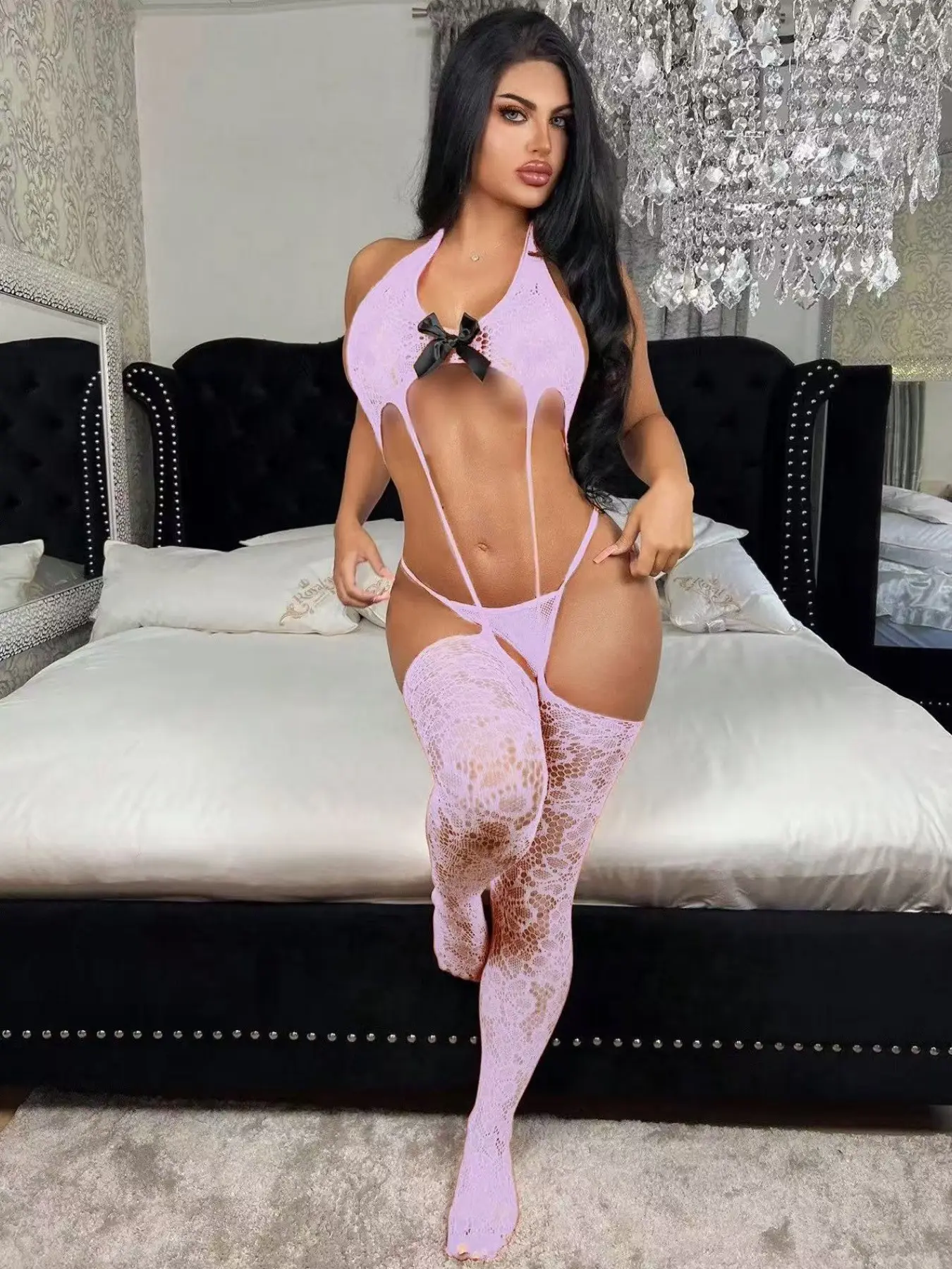 🎀2 Piece Women Bow Accent Lace Fashion Bodysuit Lingerie Set, Black & Purple Color Options, Great for Valentine’s Day Evening Outings.(Fits 40kg–80kg)🎀