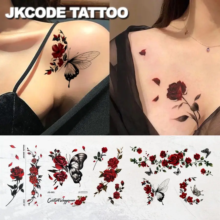 8pcs Red Rose Tattoo - Romantic Elegant Style "Red Rose Butterfly" Large Size Colorful Daily Temporary Tattoos, Tattoo Stickers, Fake Tattoos, INS Christmas Pattern Cool Girl Hand Back Neck Leg Multi-Purpose Waterproof Lasts 3-5 Days