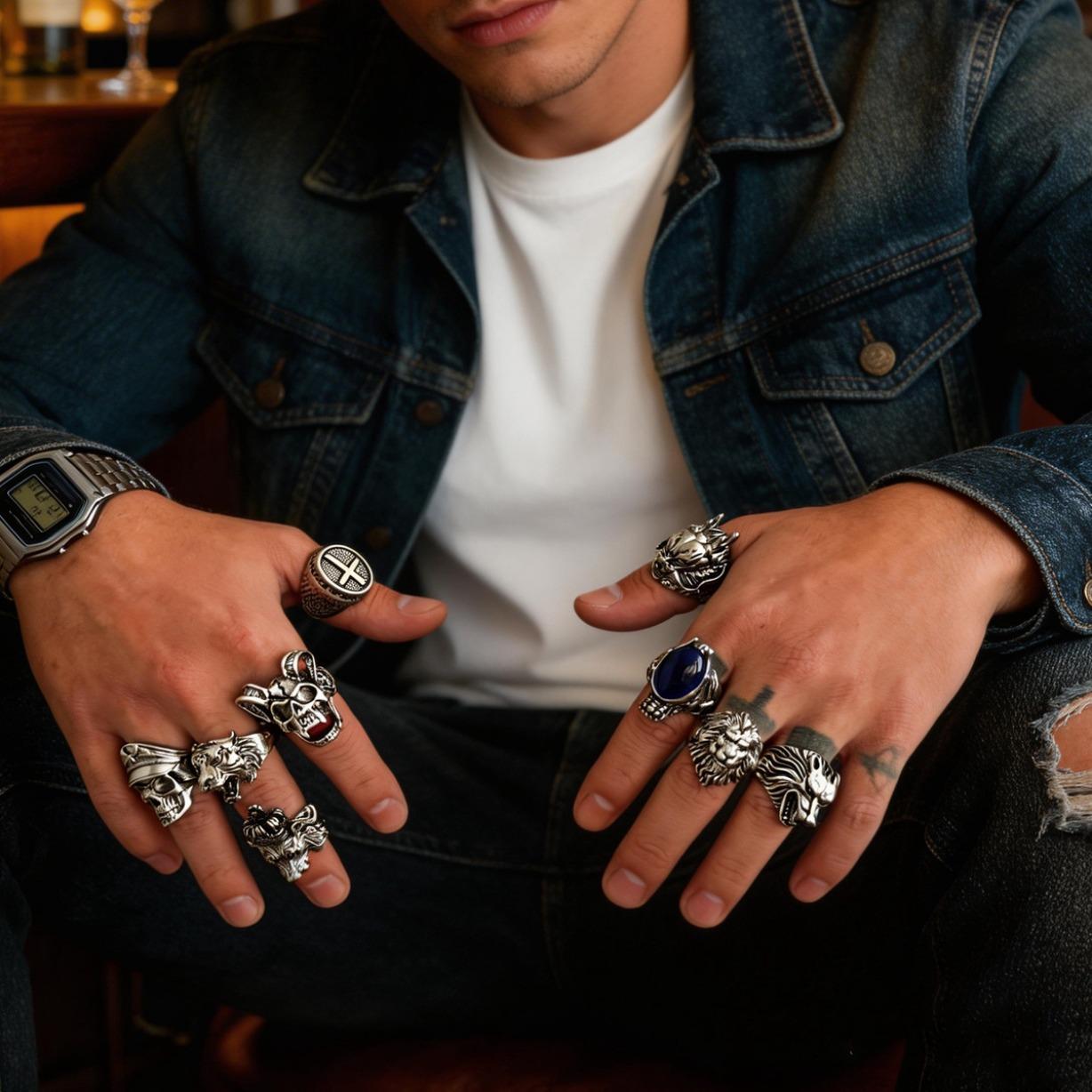 Multi Piece Ring Set Retro Gothic Silver Rings Adjustable Chunky Hollow Open Finger Rings Unisex Vintage Jewelry Set Gift for Women Men