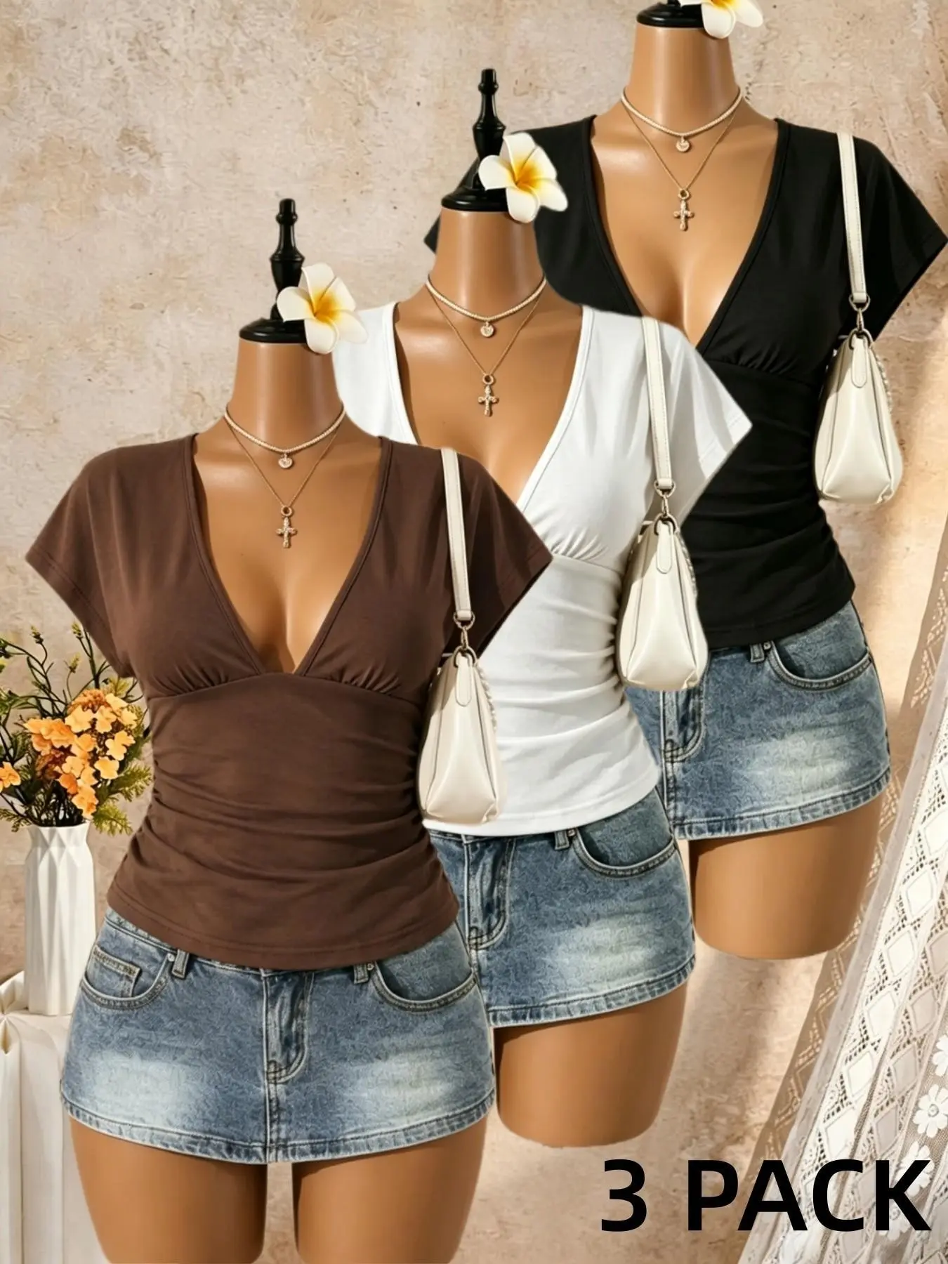 American Casual Style Deep V Neck Flutter Sleeve Ruched Waist Short Sleeve Stretchy Top, Beach Vacation Slim Fit Stretch Solid Polka Dot T-Shirt