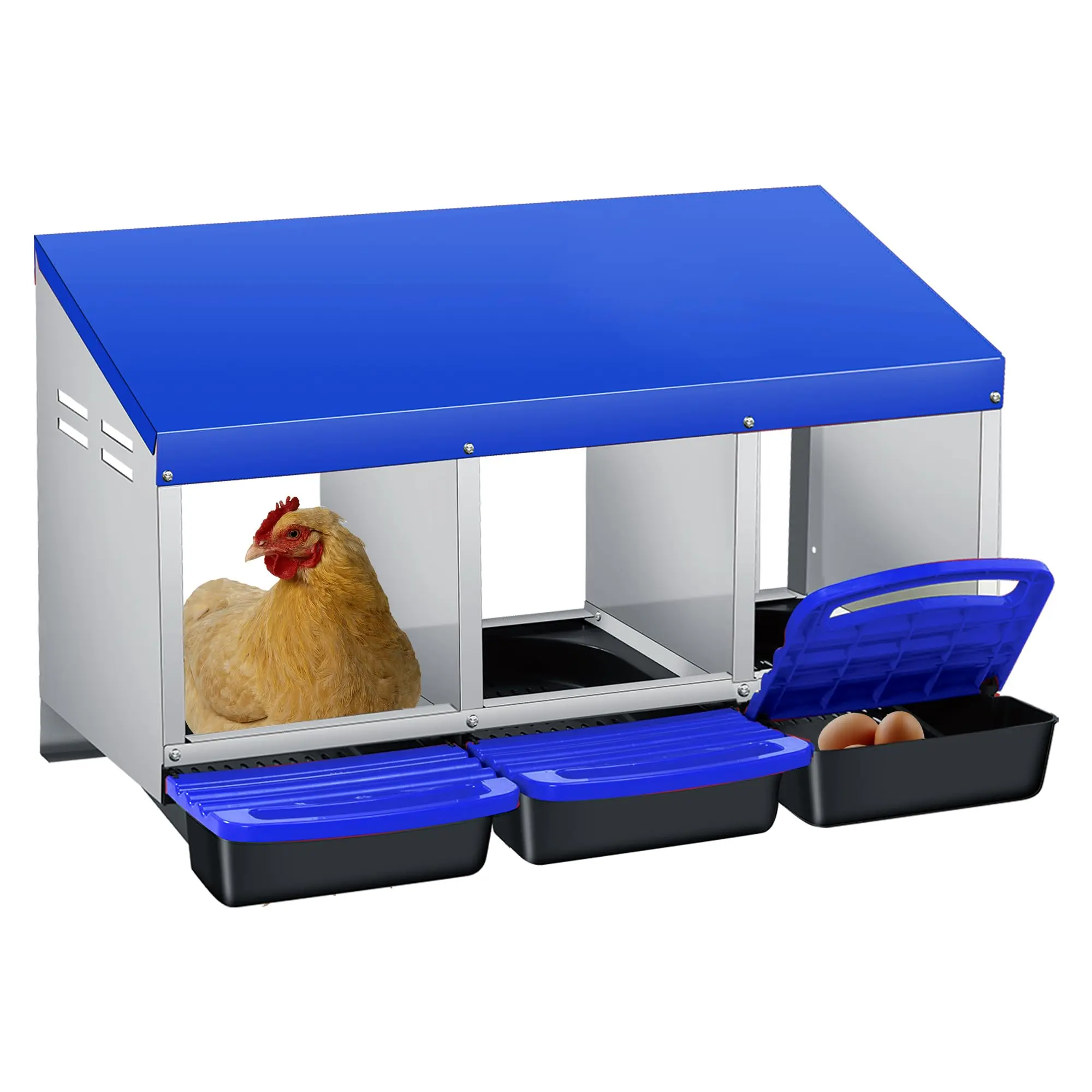 3-Hole Galvanized Steel Chicken Nesting Box with Roll Away Egg Collection, Durable Hen Laying Nest Box for Chicken Coops