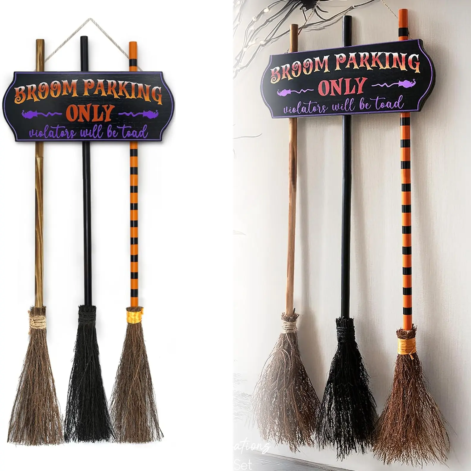 Halloween Decoration Fall Decor Broom Parking Sign with 3 Wooden Witch Brooms, Magical Hocus Pocus Decor, Front Porch Wall Decor, Indoor Outdoor Party