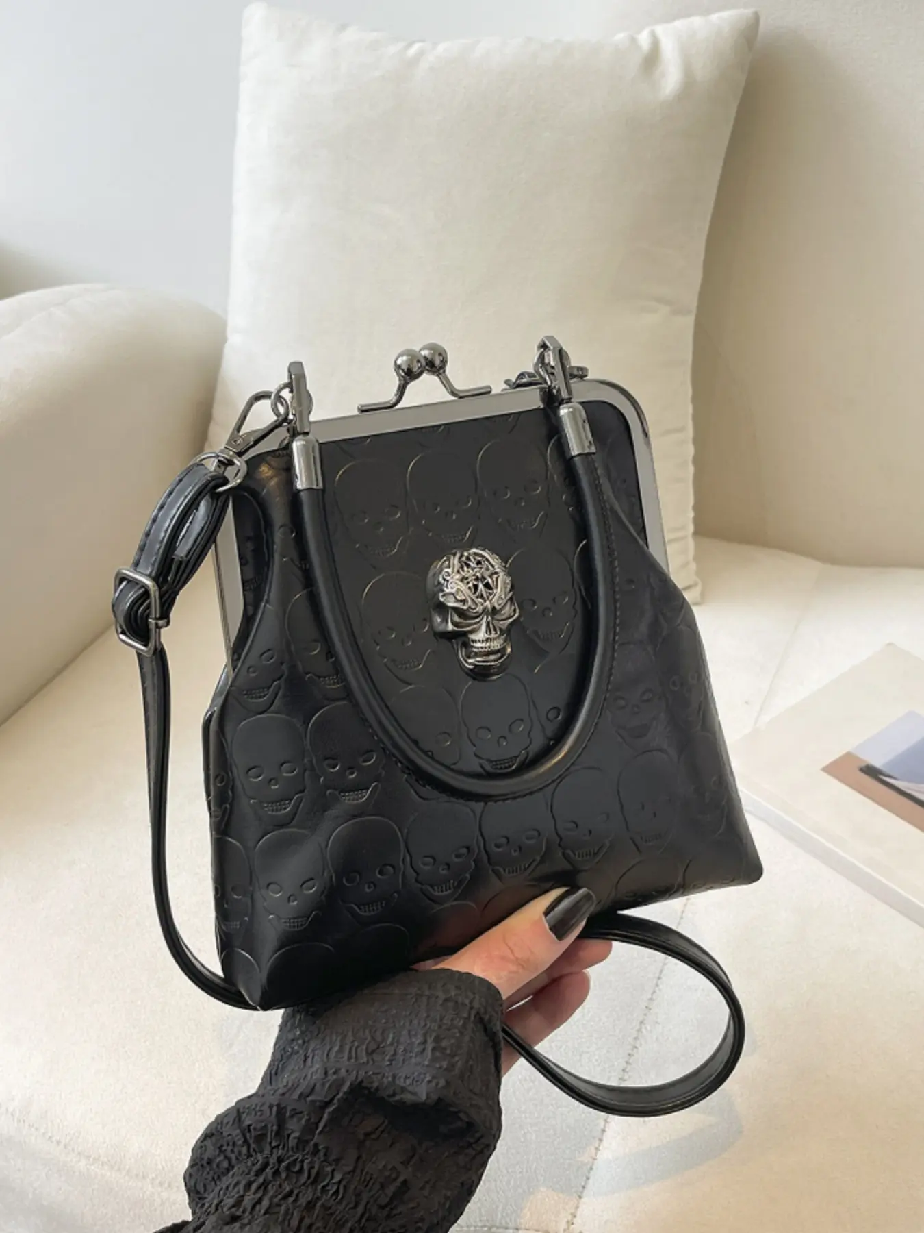 Fashion punk all-over print skull embossed mini handbag, with Gothic 3D metal skull decorations and detachable adjustable crossbody strap