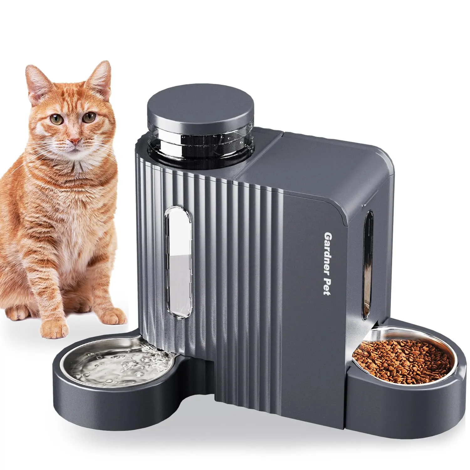 Gardner Pet Automatic Gravity Cat Food Feeder and Water Dispenser Stainless Steel Two-in-One Set Large Capacity Dispenser for Pets Dogs, Puppies, Kittens-(0.8 Gallons x 2)