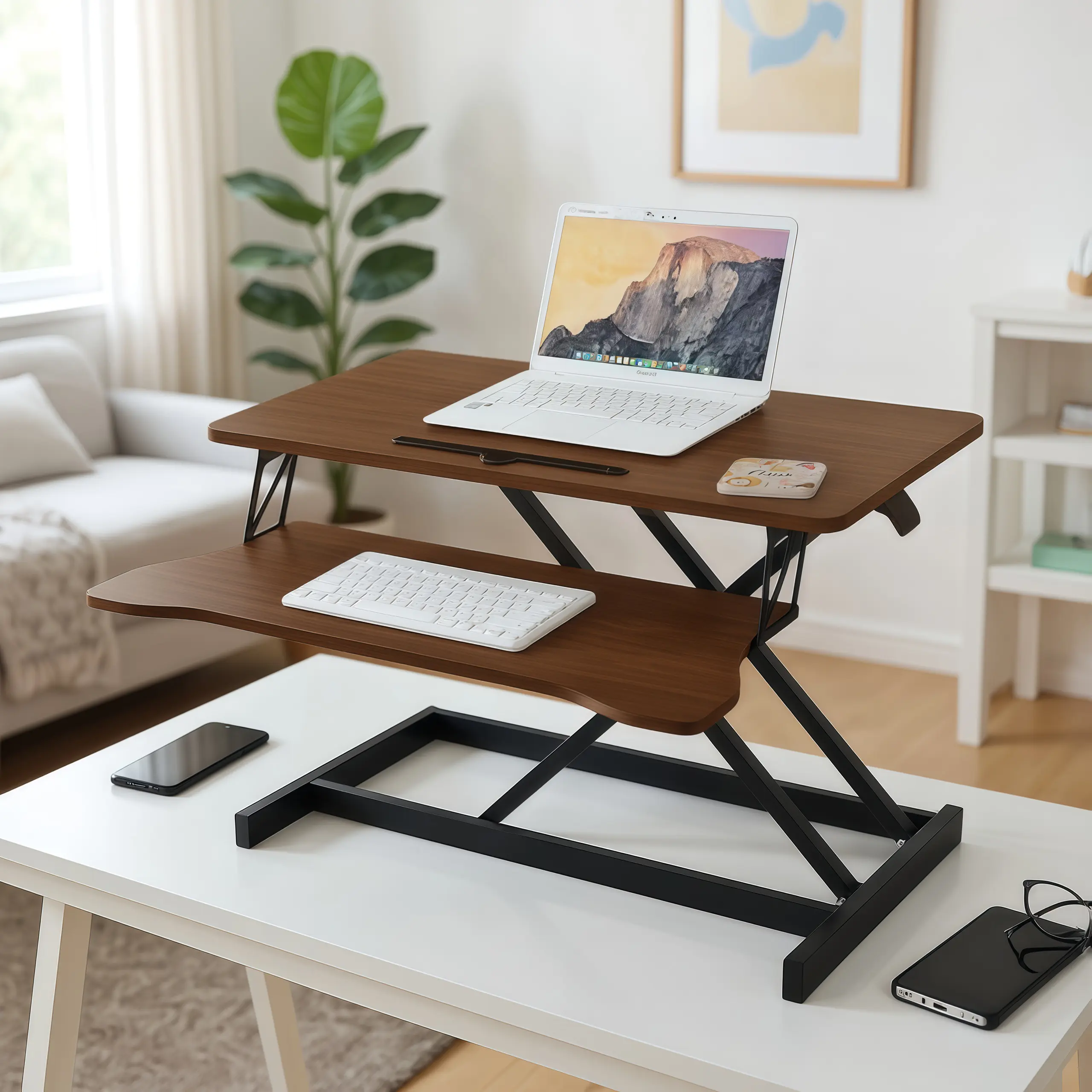 Nokaa 32 Inch Desk Converter Height Adjustable Sit to Stand Riser Dual Monitor Laptop Workstation with Wide Keyboard Tray Walnut Finish for Home Office Standing Desk, Living Room, Bedroom, Apartment and Home Decor