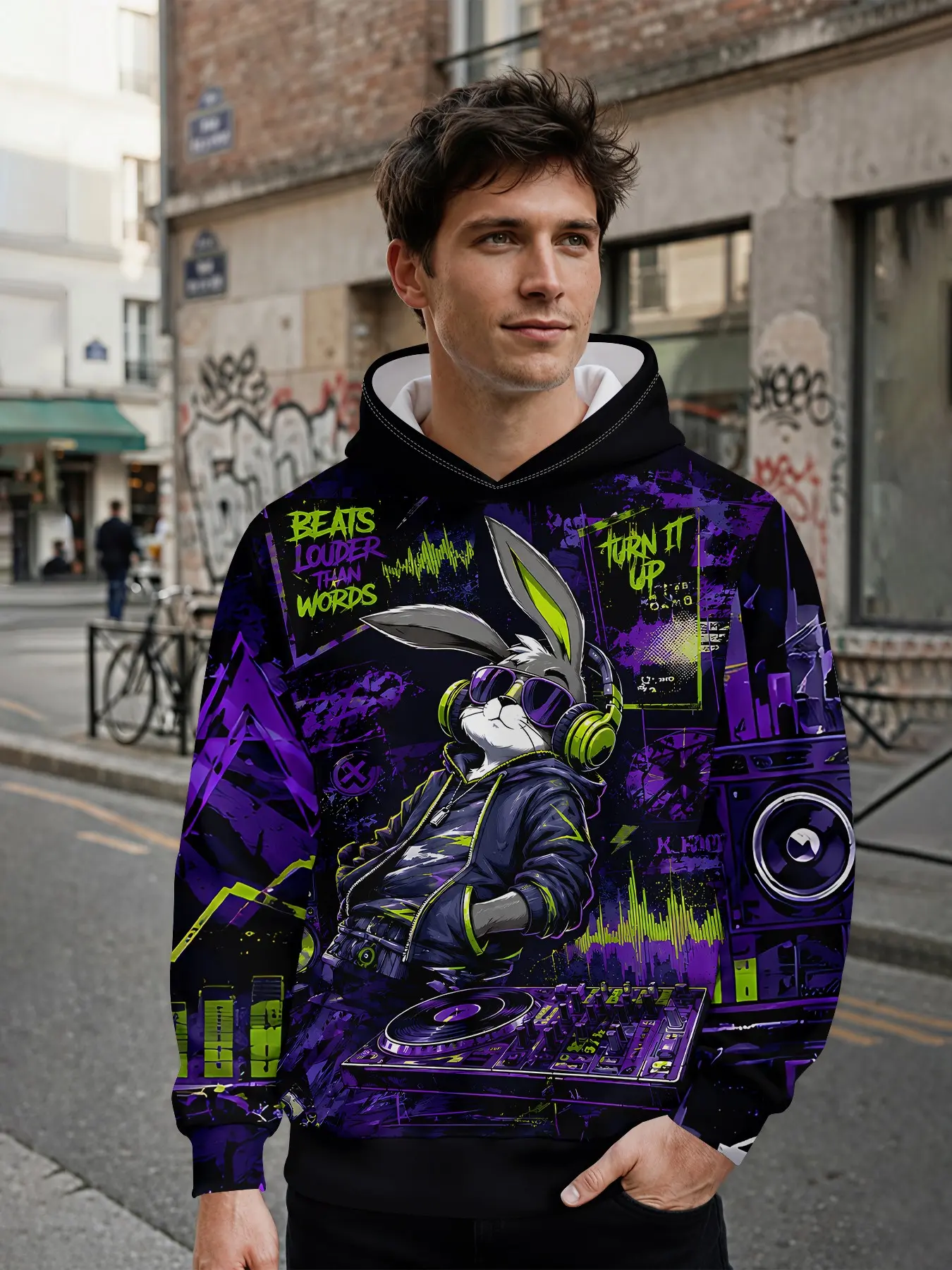 Men's hoodie with 3D digital print featuring trendy graffiti rabbit on an EDM DJ booth in American street style, all-over printed patterns. It stands out for daily streetwear and music festival outfits, making it an ideal holiday gift for men.