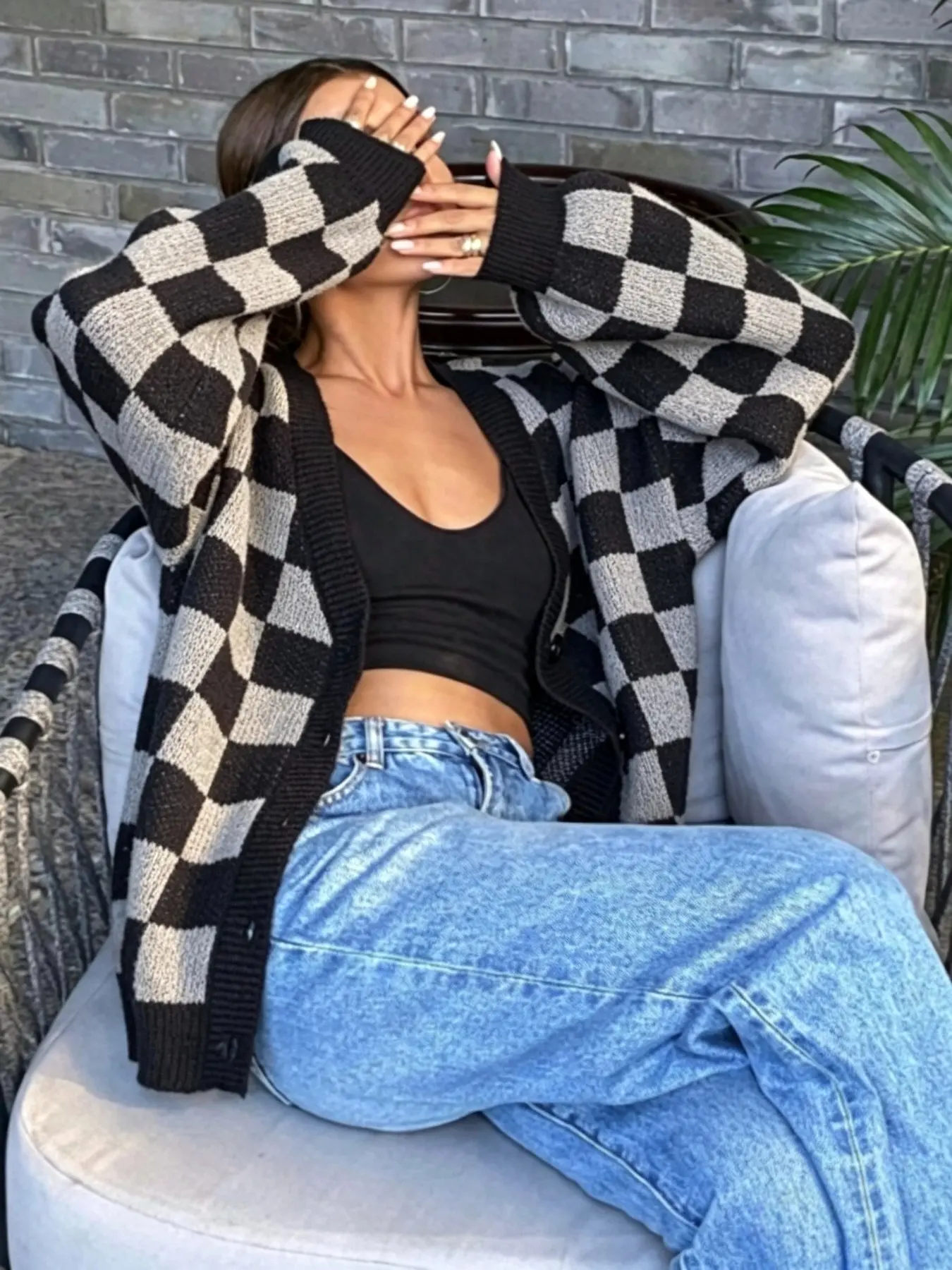 Black Gray Argyle Checkered Knit Cardigan Women Oversized V Neck Button Down Long Sleeve Loose Knit Sweater Jacket Casual Daily Outfit Knitwear