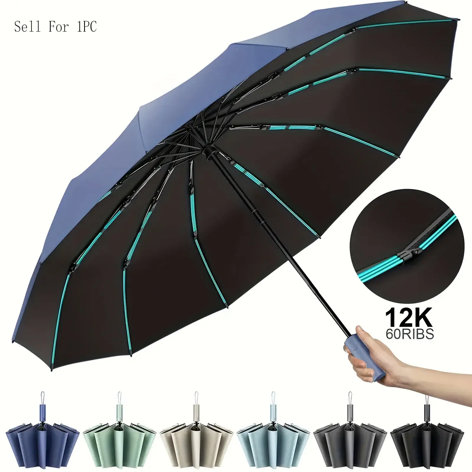 12k 60bone Automatic Large Folding Umbrella, Strong Wind Resistant, -Coated Collision Cloth, Dual-Use Rain/sun Advertising Umbrella