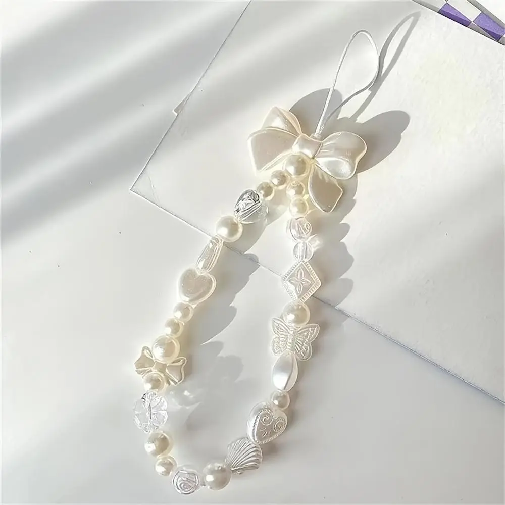 Elegant White Pearl Lanyard with Butterfly, Heart Charms, Plastic Bow-Accent Wrist Strap for ID Badge Holder, Keys - All Seasons Home Hanging Decor, With Butterfly And Heart Charms