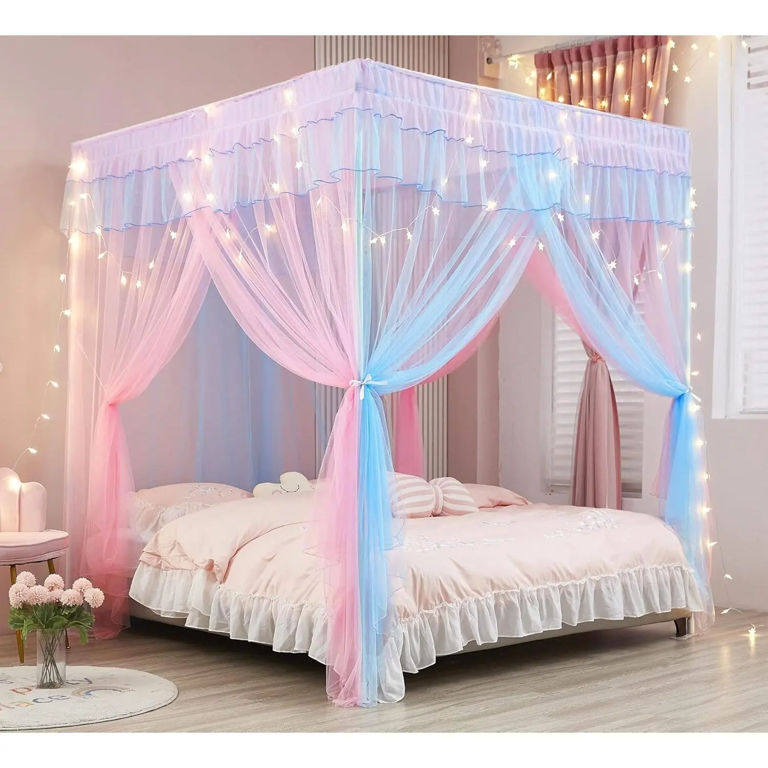 Rainbow Canopy Bed Curtains with Lights - Princess Bed Canopy for Girls - Bed Drapes Netting Bedroom Decoration Accessories,Full